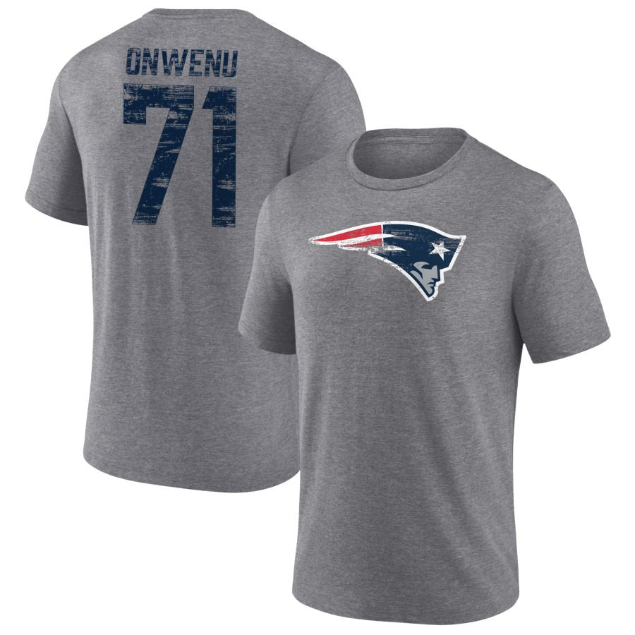 Men's Gray New England Patriots Heritage Custom Name & Number Tri-Blend T-Shirt