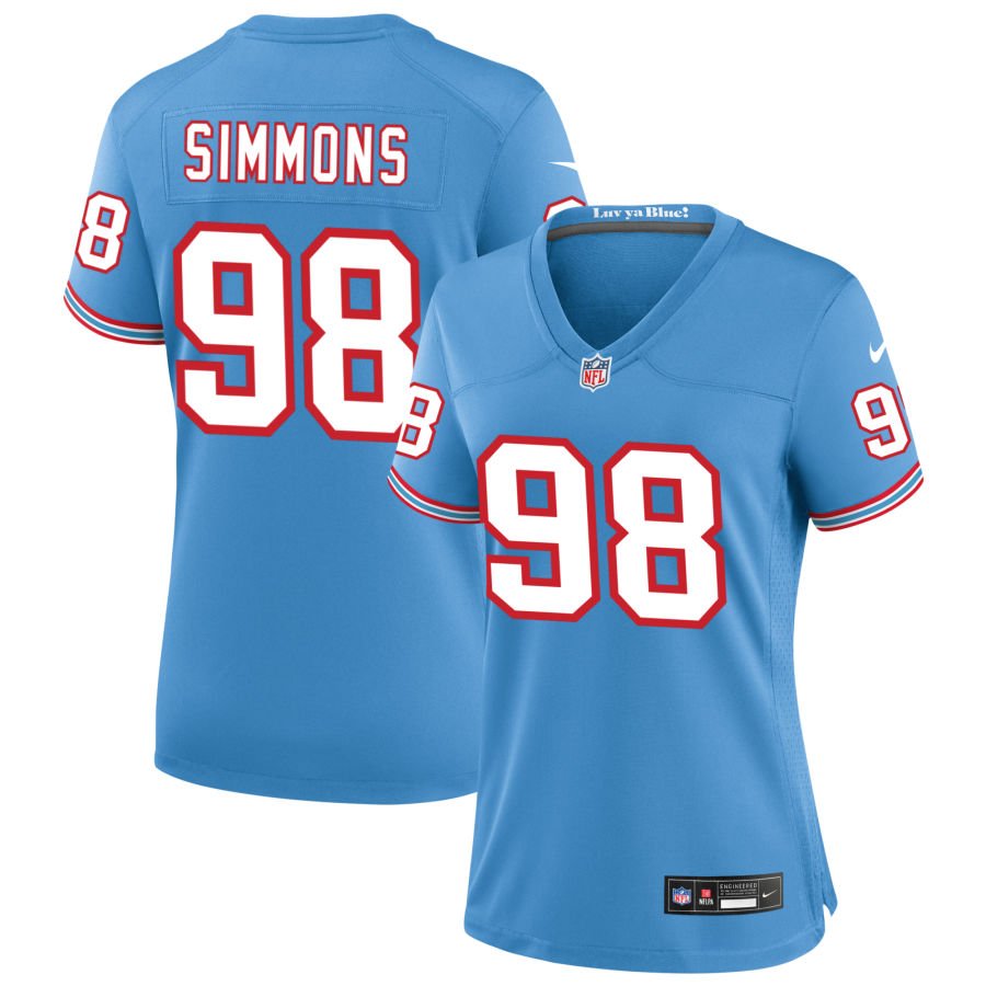 Jeffery Simmons Women's Nike Light Blue Tennessee Titans Oilers Throwback Custom Game Jersey