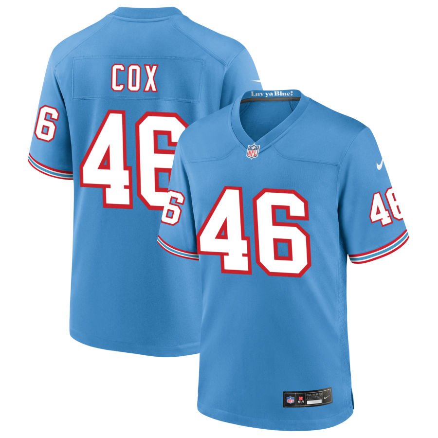 Morgan Cox Men's Nike Light Blue Tennessee Titans Oilers Throwback Custom Game Jersey