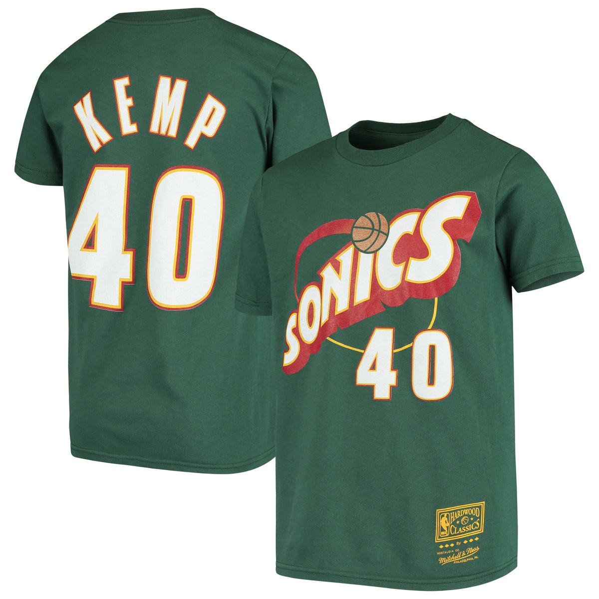Youth Shawn Kemp Green Seattle SuperSonics Hardwood Classics Name & Number T-Shirt