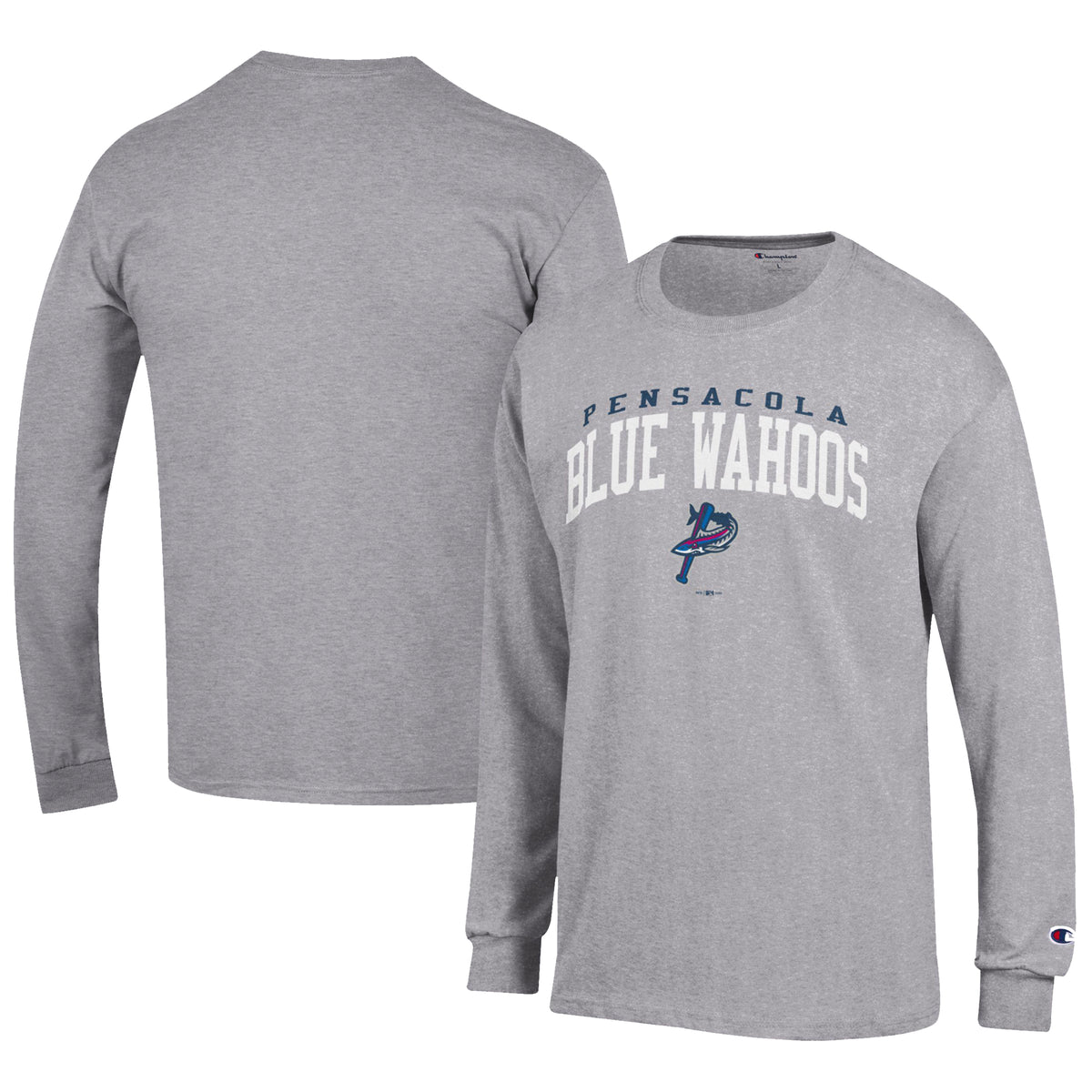Men's Champion Gray Pensacola Blue Wahoos Jersey Long Sleeve T-Shirt