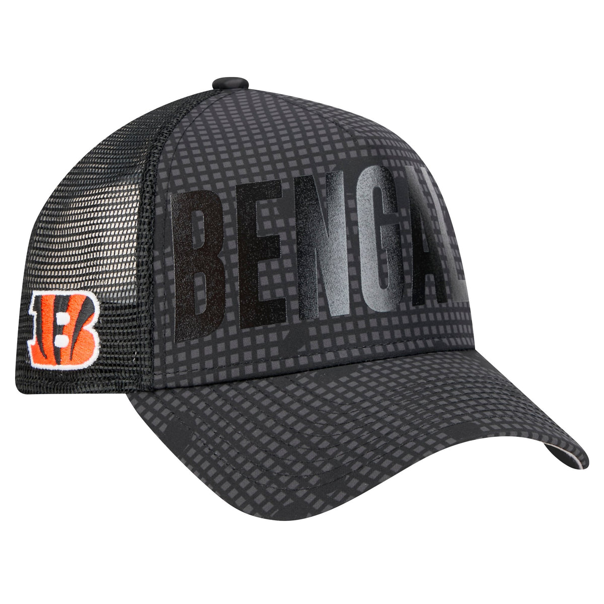 Men's New Era Black Cincinnati Bengals Midnight Ink Tonal Text A-Frame Trucker 9FORTY Adjustable Hat
