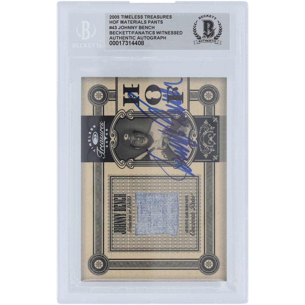 Johnny Bench Cincinnati Reds Autographed 2005 Donruss Timeless Treasures HOF Materials Jersey Relic #HOF-43 #/50 Beckett Fanatics Witnessed Authenticated Card