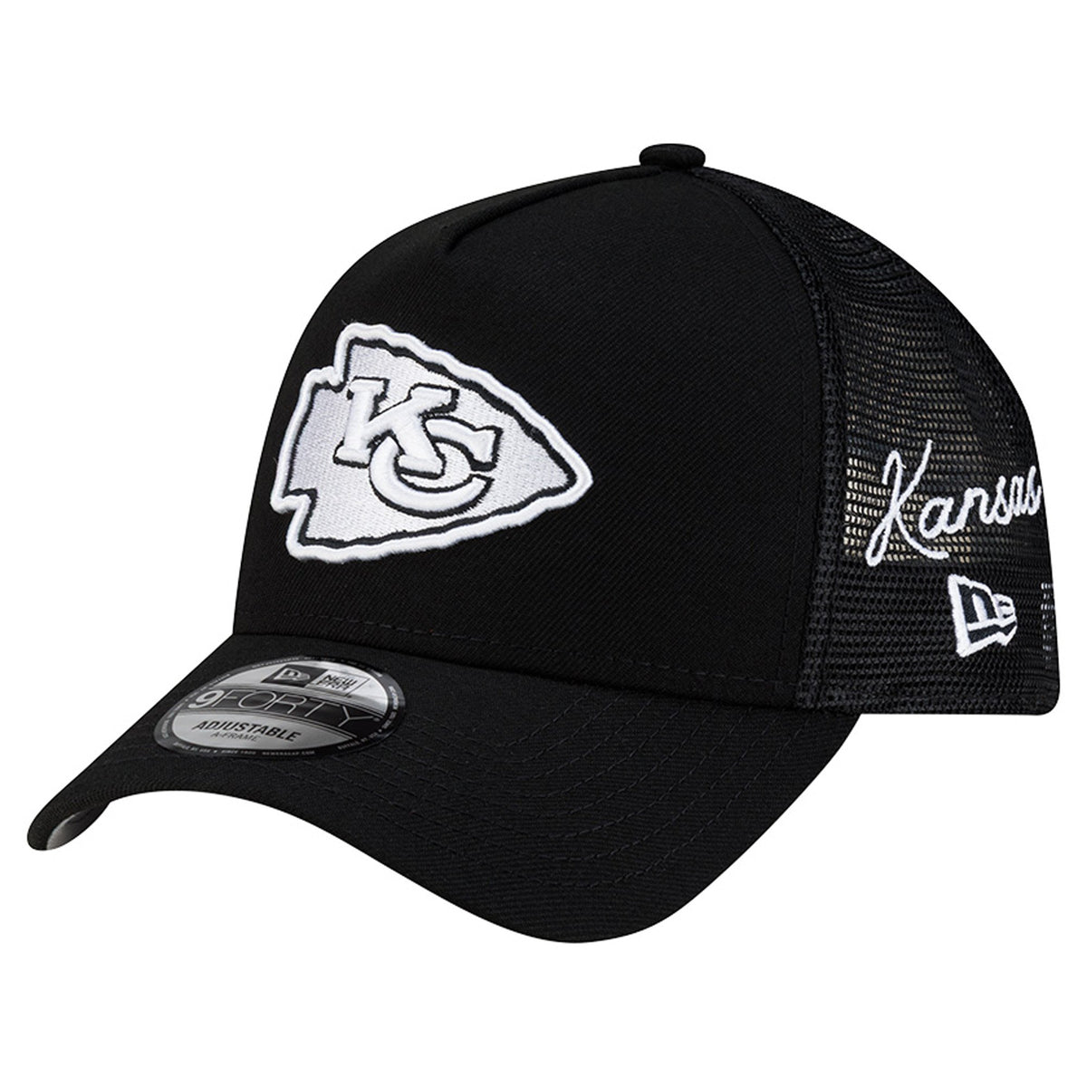 Men's New Era Black Kansas City Chiefs City Script 9FORTY A-Frame Adjustable Hat