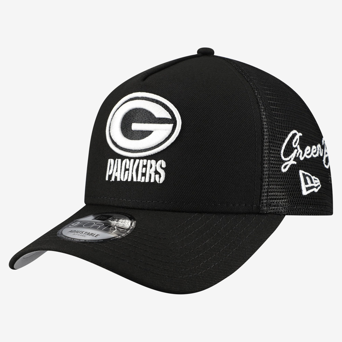 Men's New Era Black Green Bay Packers City Script 9FORTY A-Frame Adjustable Hat