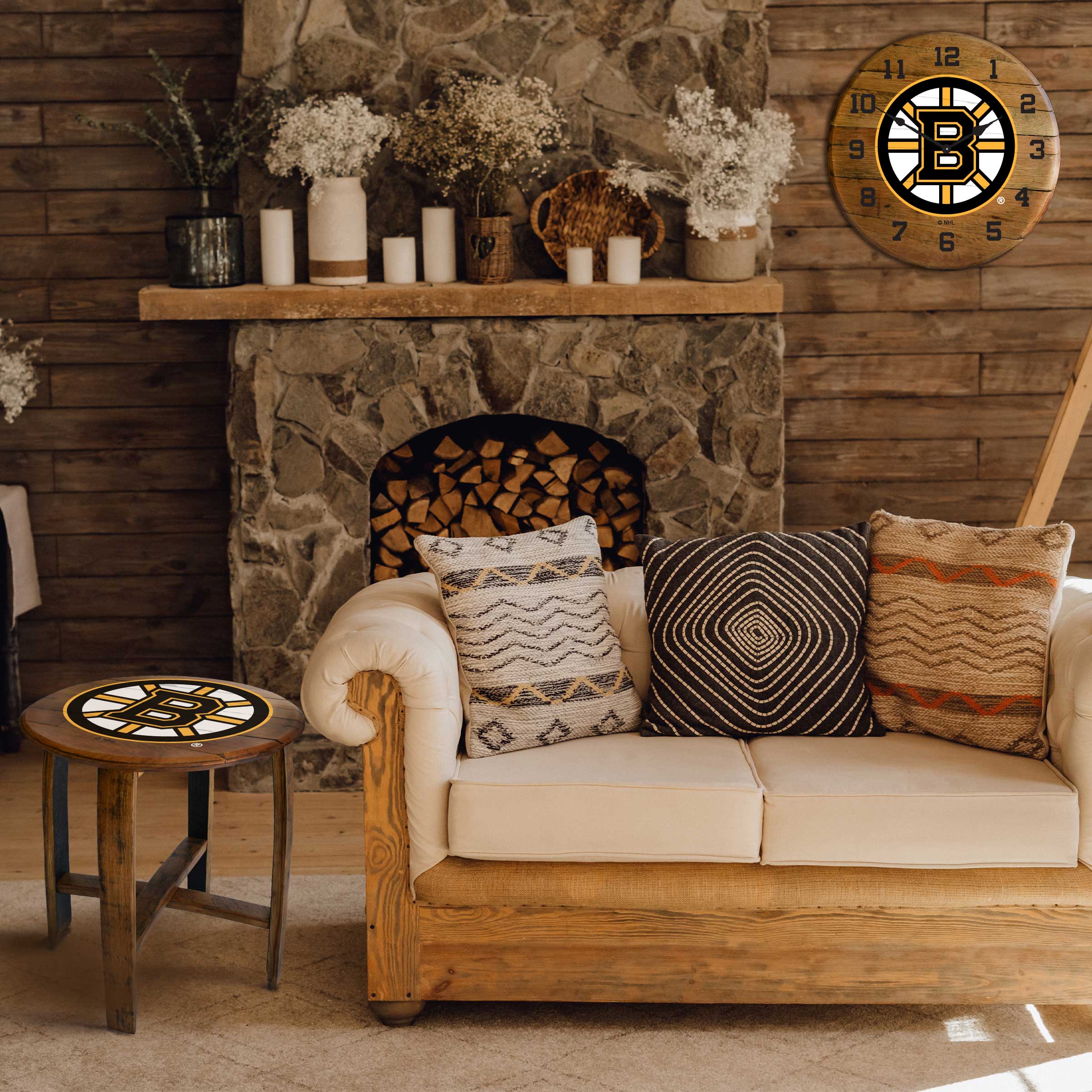 Boston Bruins Oak Barrel Clock