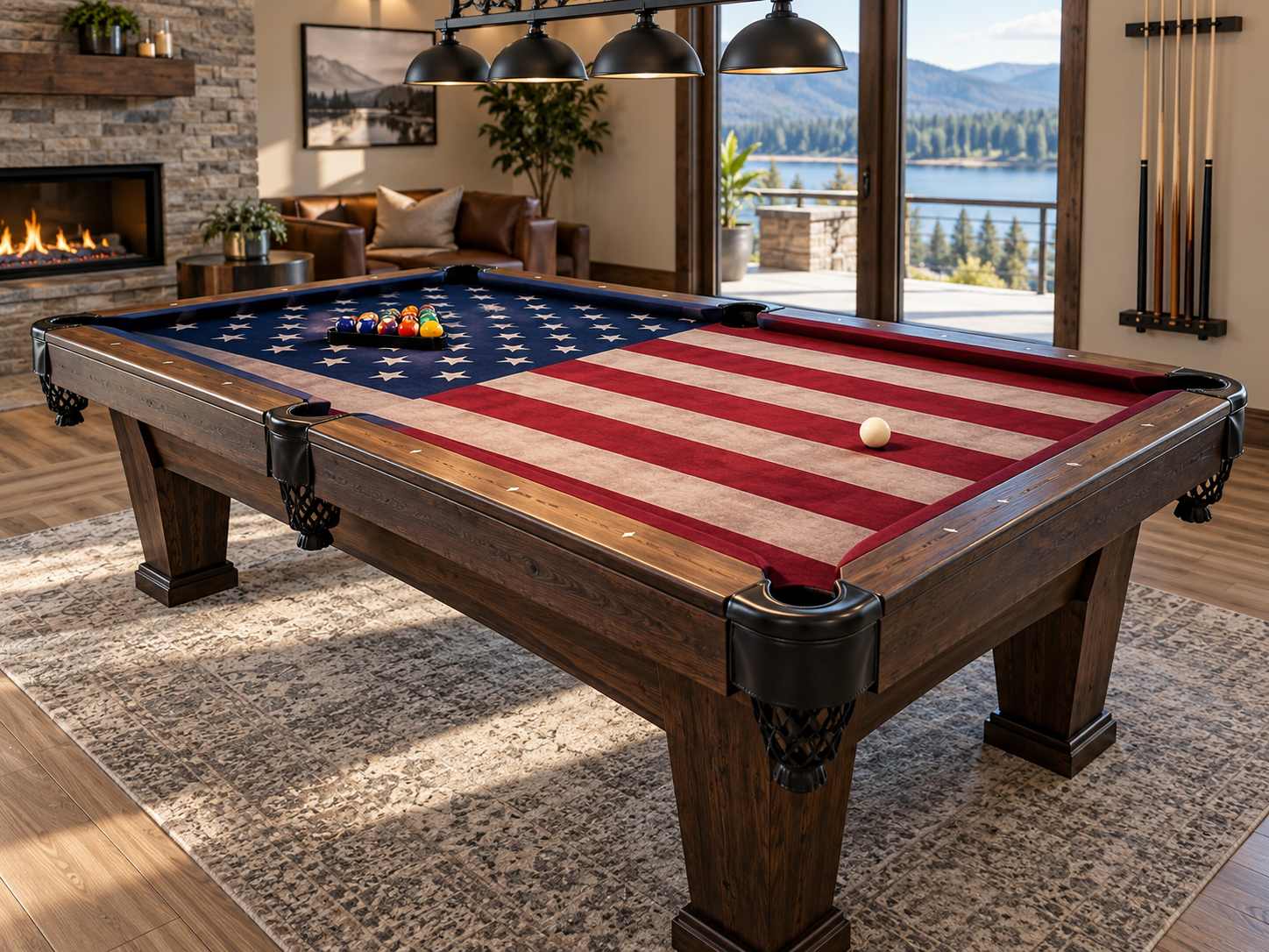 American flag custom pool table felt shown on a traditional dark wood billiards table in a luxury game room with bar seating and warm lighting.