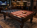 American flag custom pool table felt displayed on a wood billiards table in a bright upscale game room with mountain and lake views.
