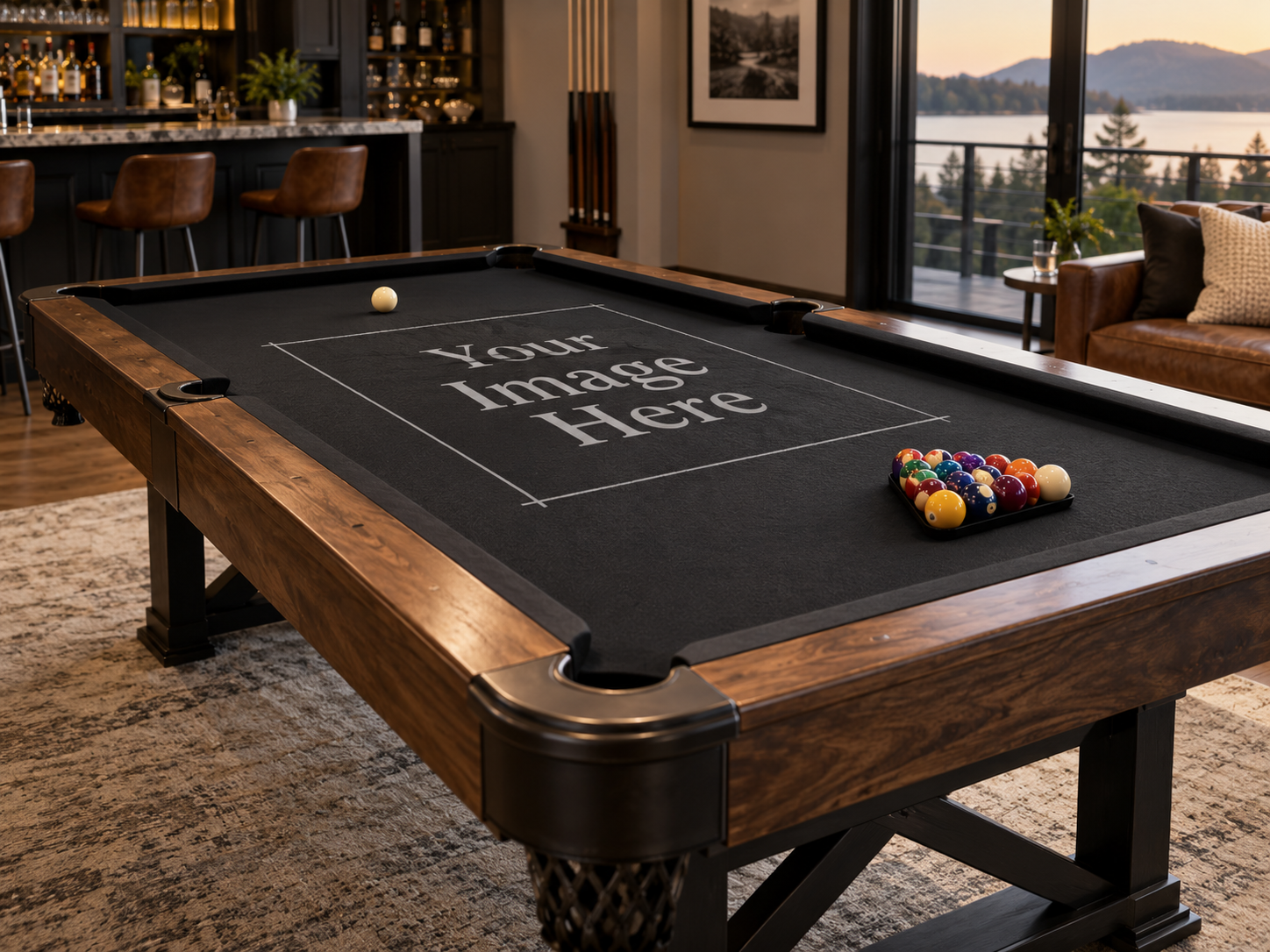 Personalized custom pool table felt mockup with Your Image Here text showing how a custom logo, photo, or artwork can be printed on billiard cloth.