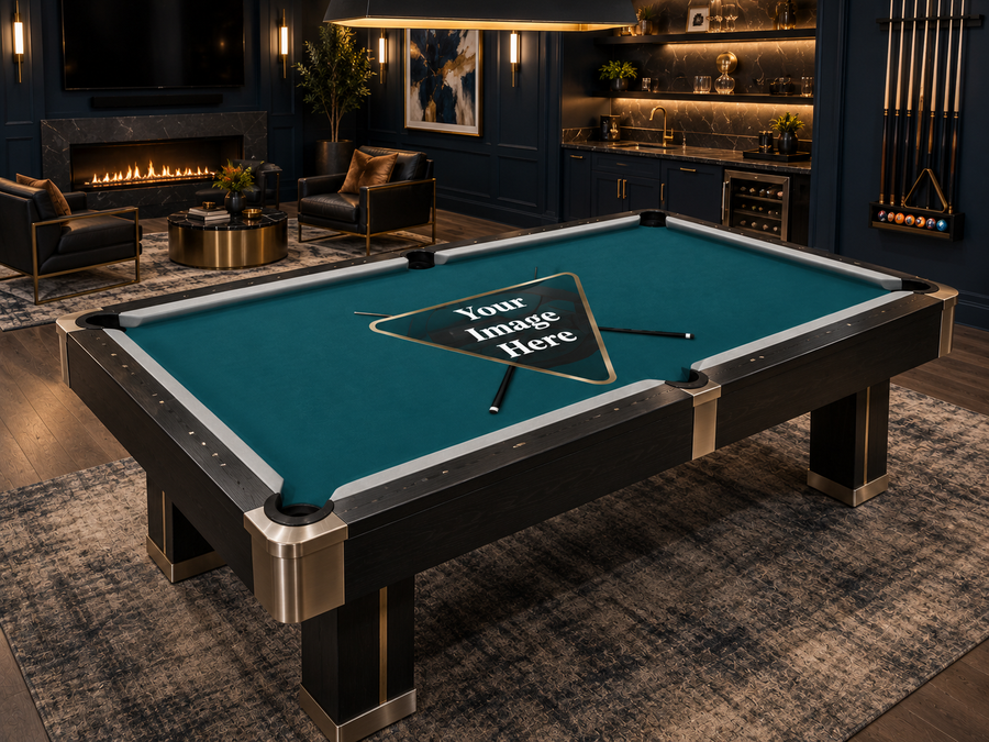 Custom billiard cloth with your own image, logo or design on charcoal pool table felt in an industrial loft game room.