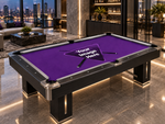 custom pool table felt showing the printed cloth texture, pool table rails, corner pocket, cue sticks, and billiard balls.