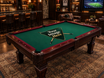 custom pool table felt mockup with Your Image Here text showing how a custom logo, photo, or artwork can be printed on billiard cloth.