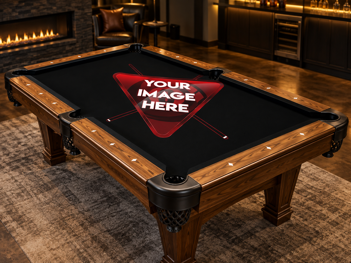 Custom pool table felt printed with your own image, logo, photo, or artwork for a personalized billiard table.