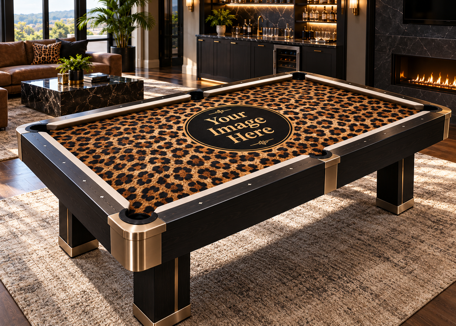 Close-up view of leopard print custom pool table felt showing detailed cloth texture, corner pocket, cue stick, and billiard balls on a premium pool table.
