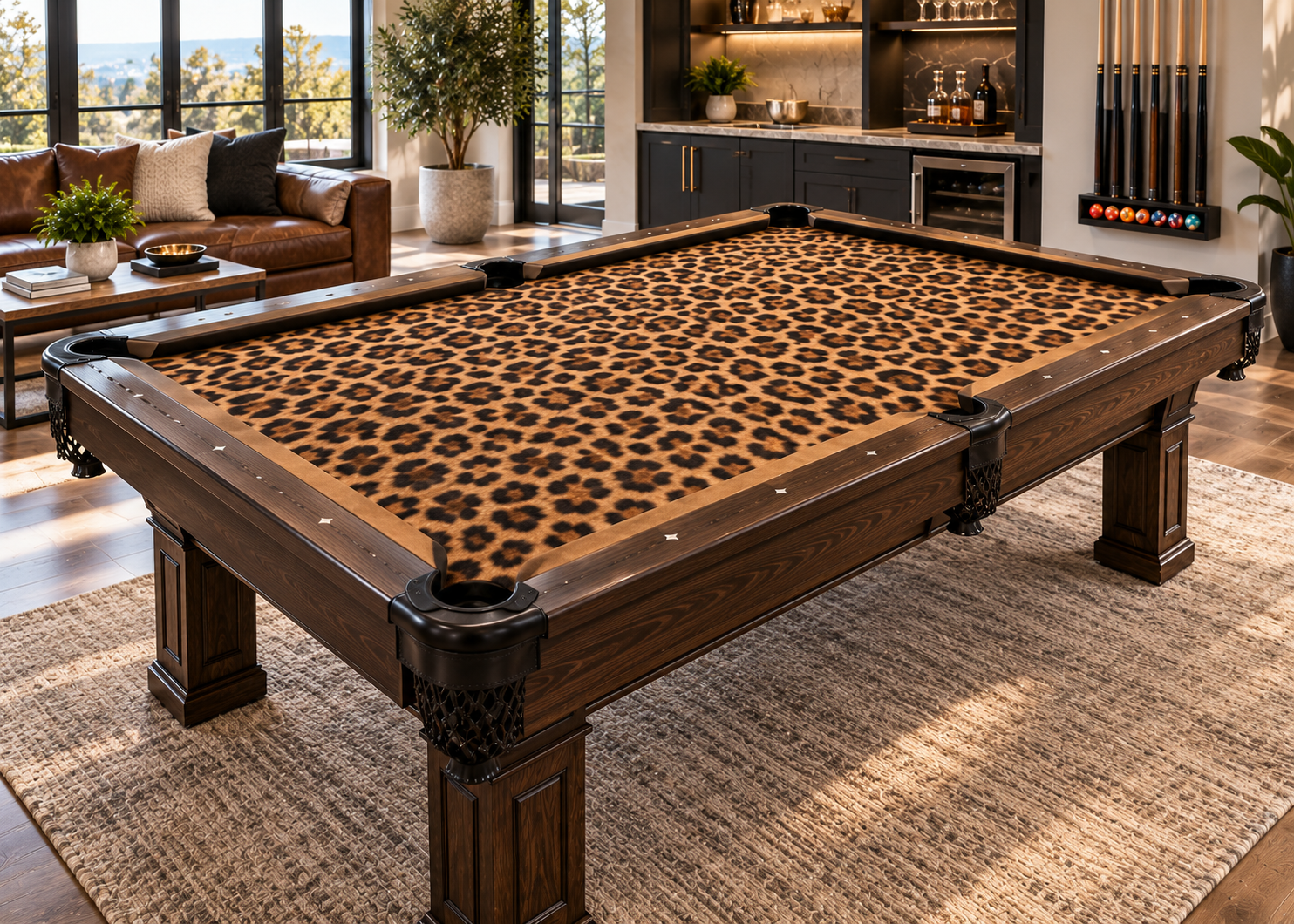 Leopard print custom pool table felt displayed on a dark wood billiards table in a bright luxury game room with sofa, bar area, and large windows.