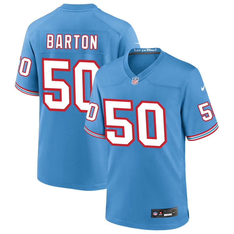 Cody Barton Men's Nike Light Blue Tennessee Titans Oilers Throwback Custom Game Jersey