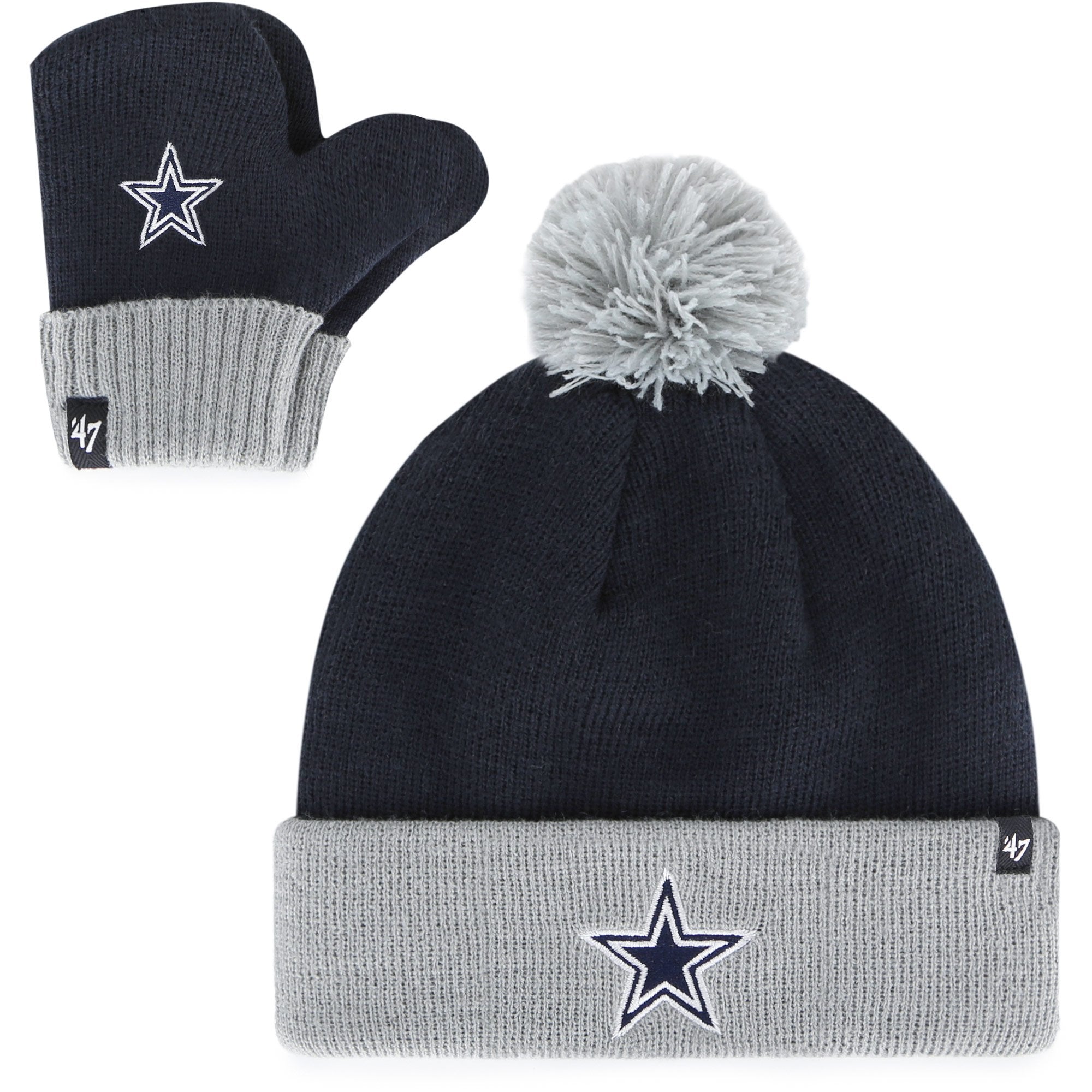 Toddler '47 Navy Dallas Cowboys Bam Bam Cuffed Knit Hat with Pom & Mittens Set