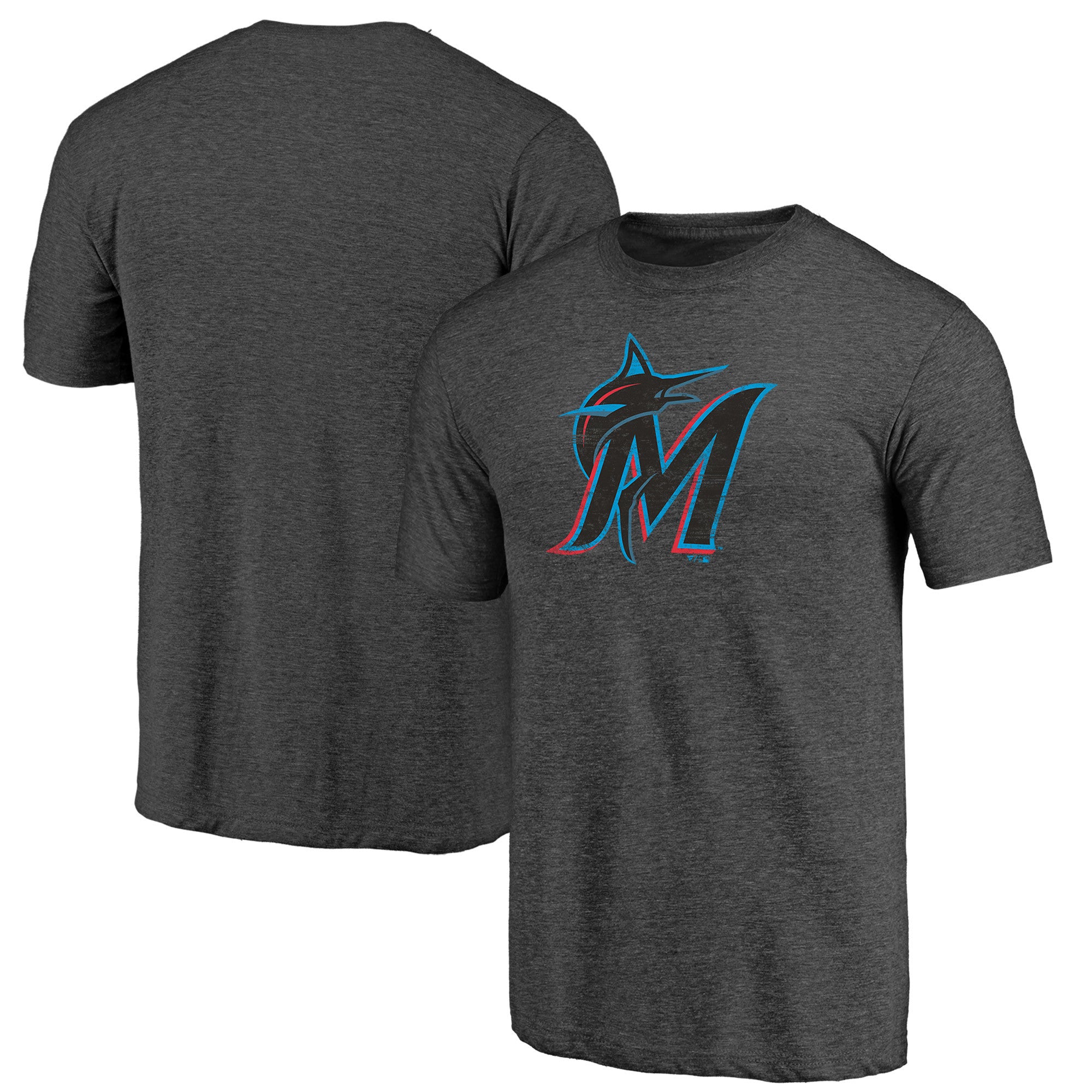 Men's Charcoal Miami Marlins Weathered Official Logo Tri-Blend T-Shirt