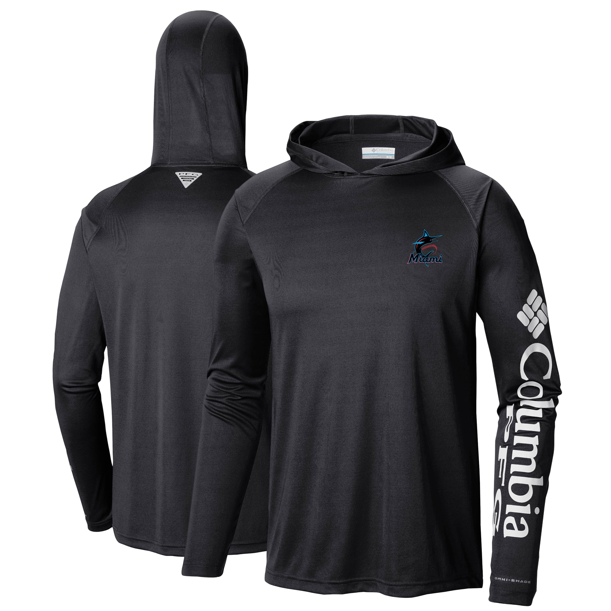 Men's Columbia Black Miami Marlins Terminal Tackle Long Sleeve Hoodie T-Shirt