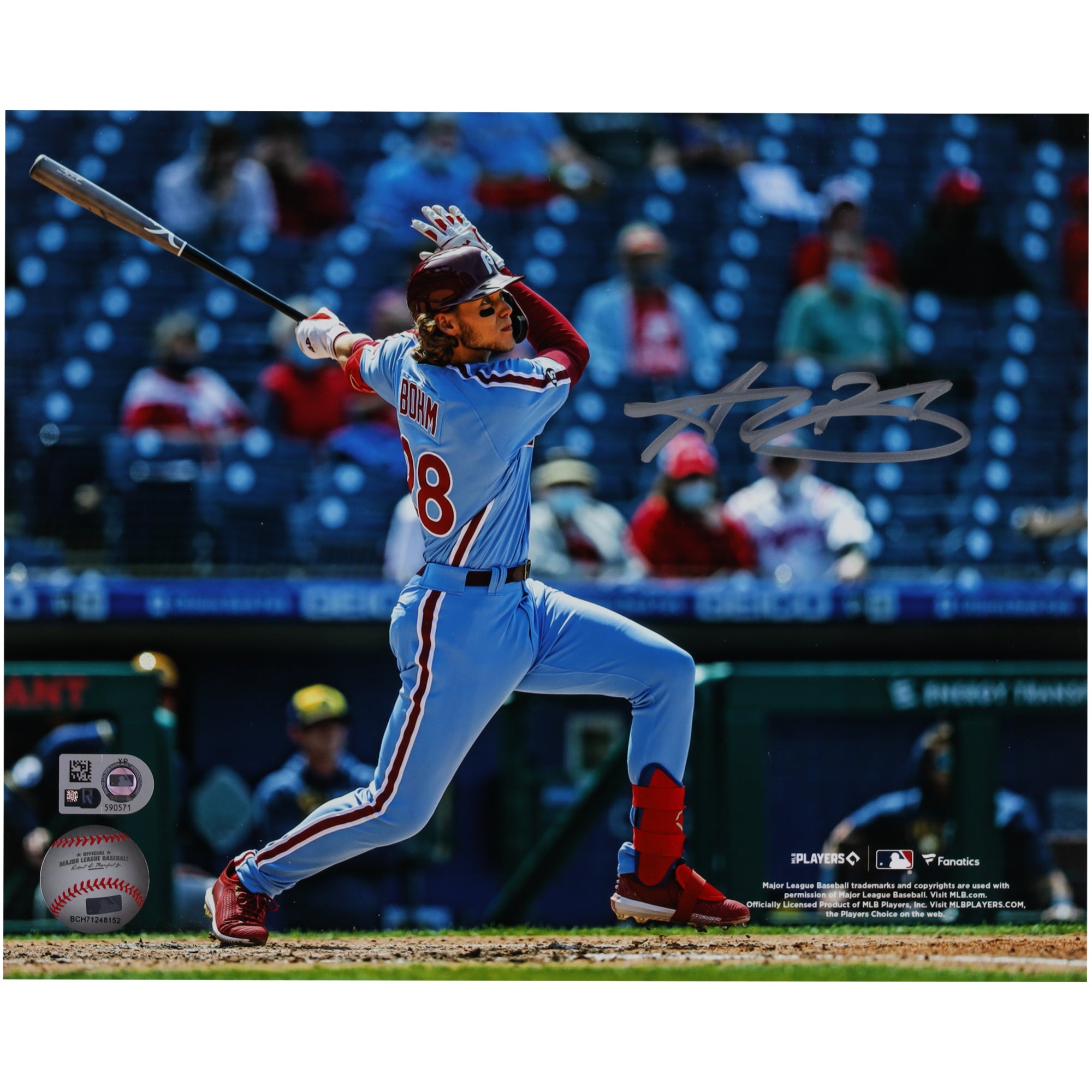 Alec Bohm Philadelphia Phillies Autographed 8" x 10" Swinging Bat Light Blue Jersey