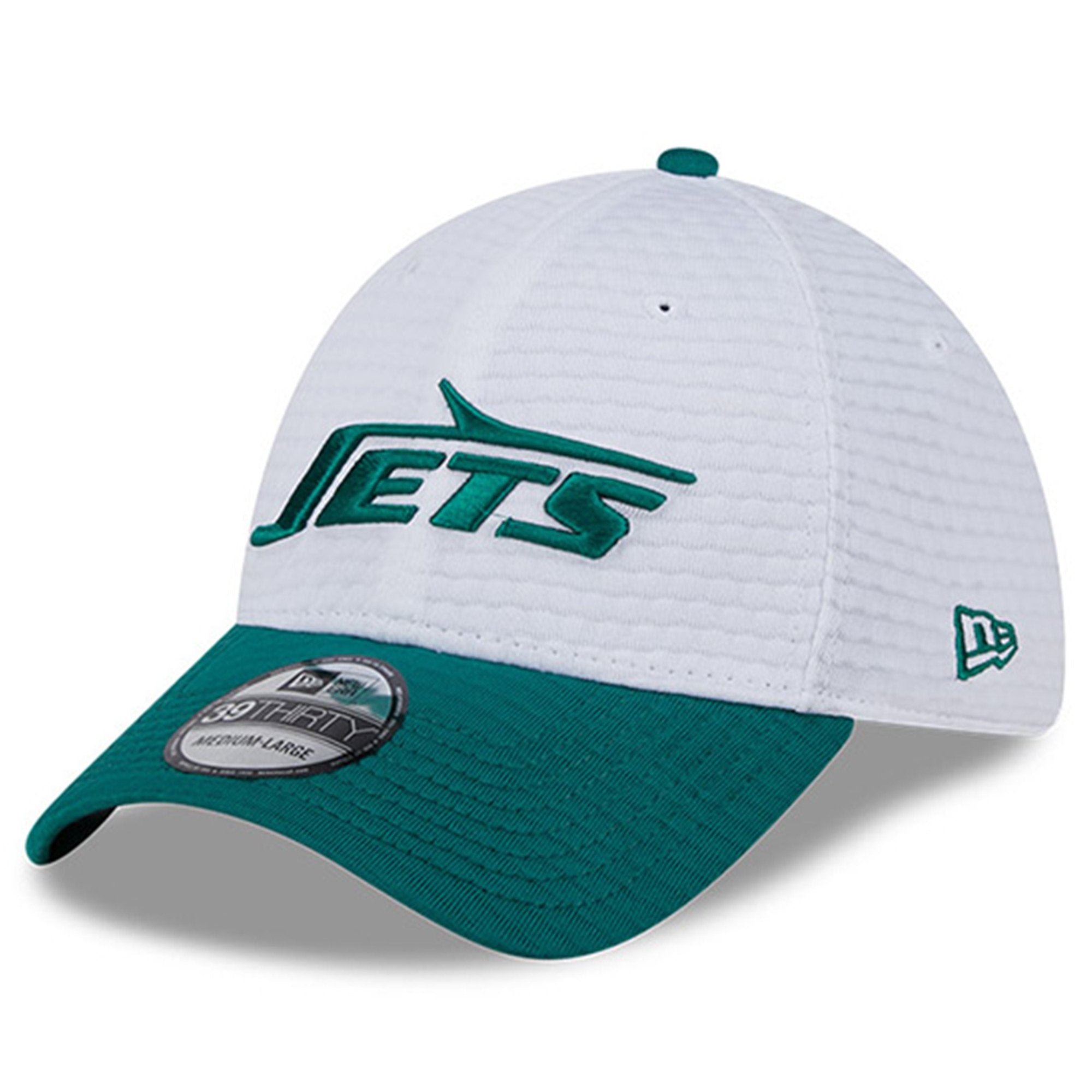 Men's New Era White/Green New York Jets 2024 NFL Training Camp 39THIRTY Flex Hat