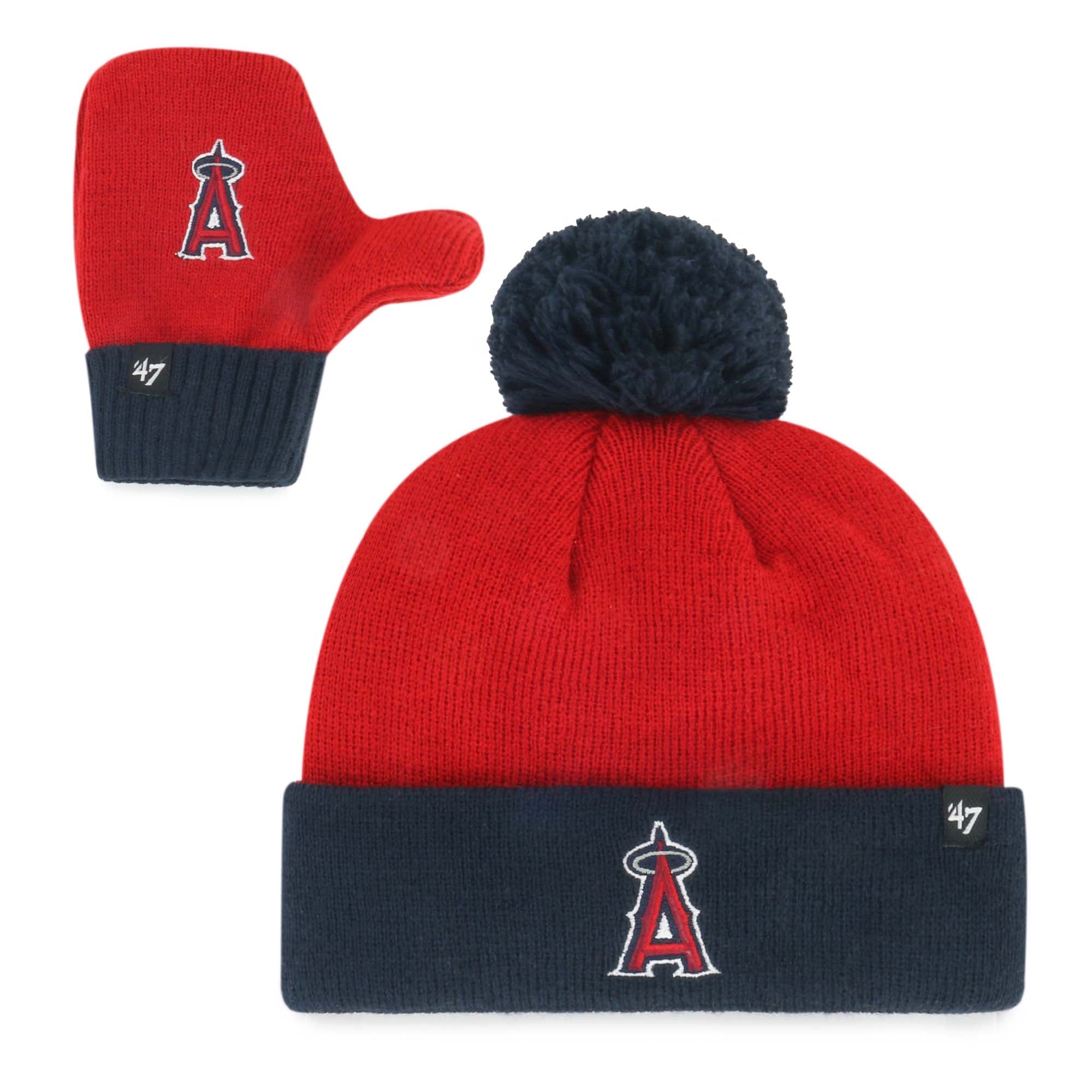 Toddler '47 Red Los Angeles Angels Bam Bam Cuffed Knit Hat with Pom & Mittens Set