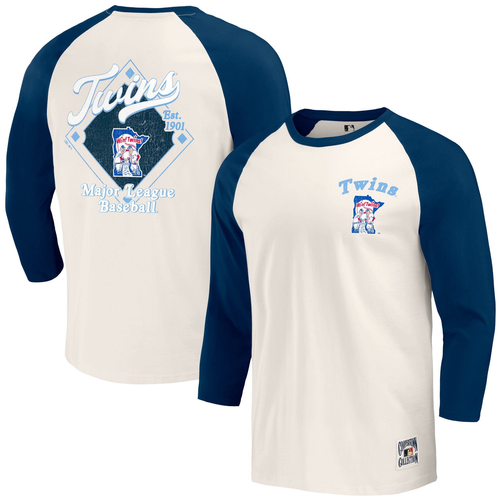 Men's Darius Rucker Collection by Fanatics Navy/White Minnesota Twins Cooperstown Collection Raglan 3/4-Sleeve T-Shirt
