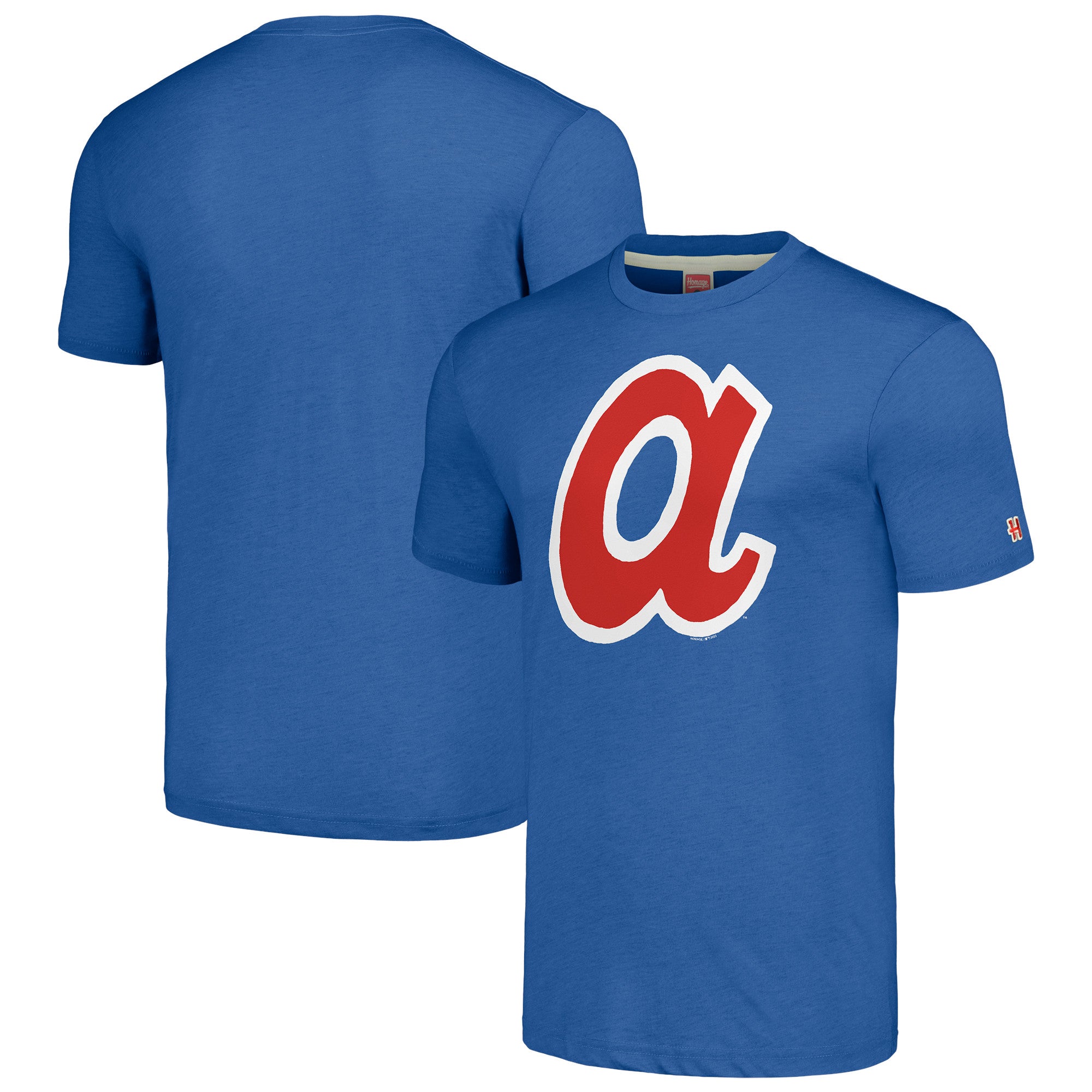 Men's Homage Royal Atlanta Braves Cooperstown Collection Hand-Drawn Logo Tri-Blend T-Shirt