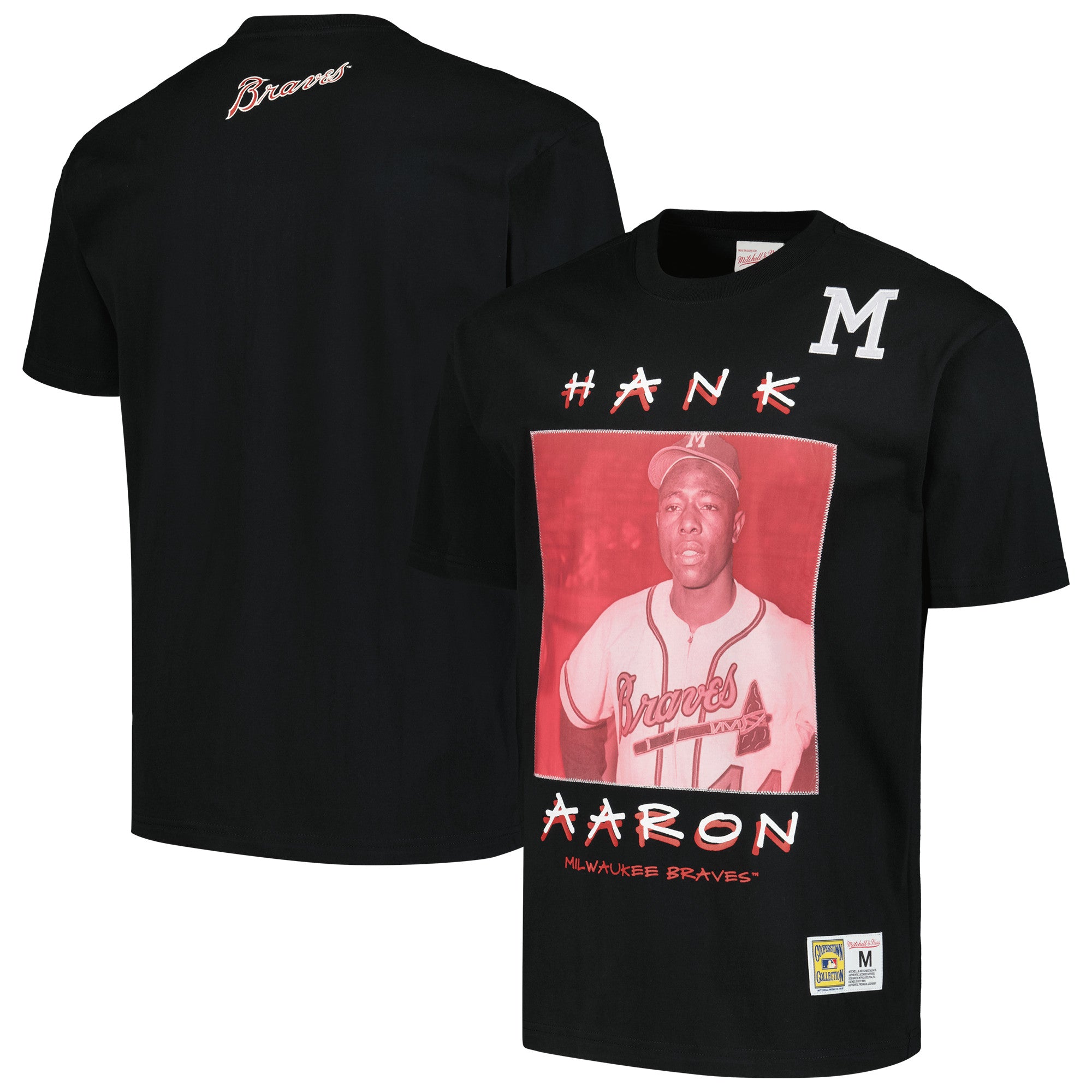 Men's Mitchell & Ness Hank Aaron Black Milwaukee Braves Cooperstown Collection Heavyweight Premium Player Vintage Logo T-Shirt