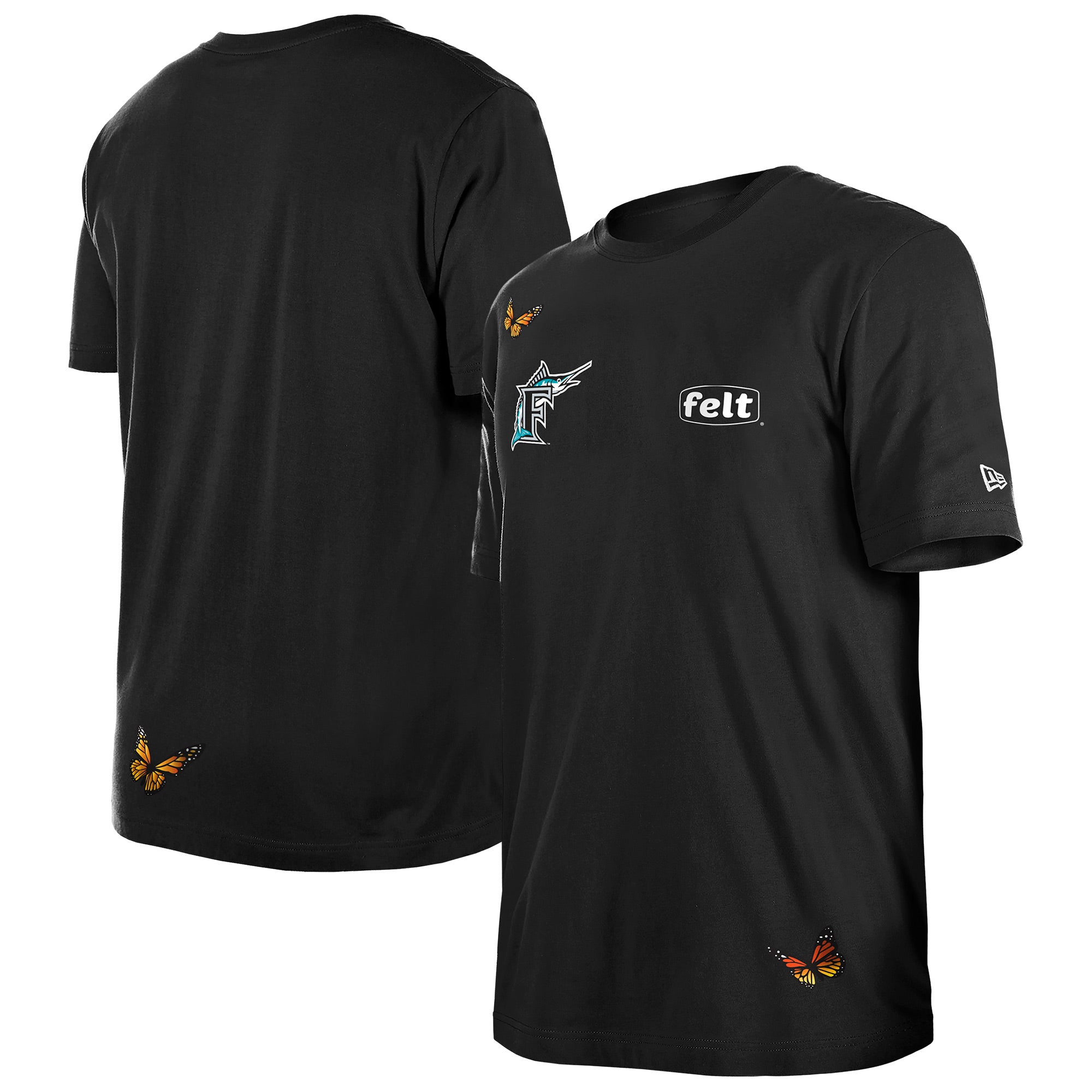 Men's New Era x Felt Black Florida Marlins Cooperstown Collection T-Shirt