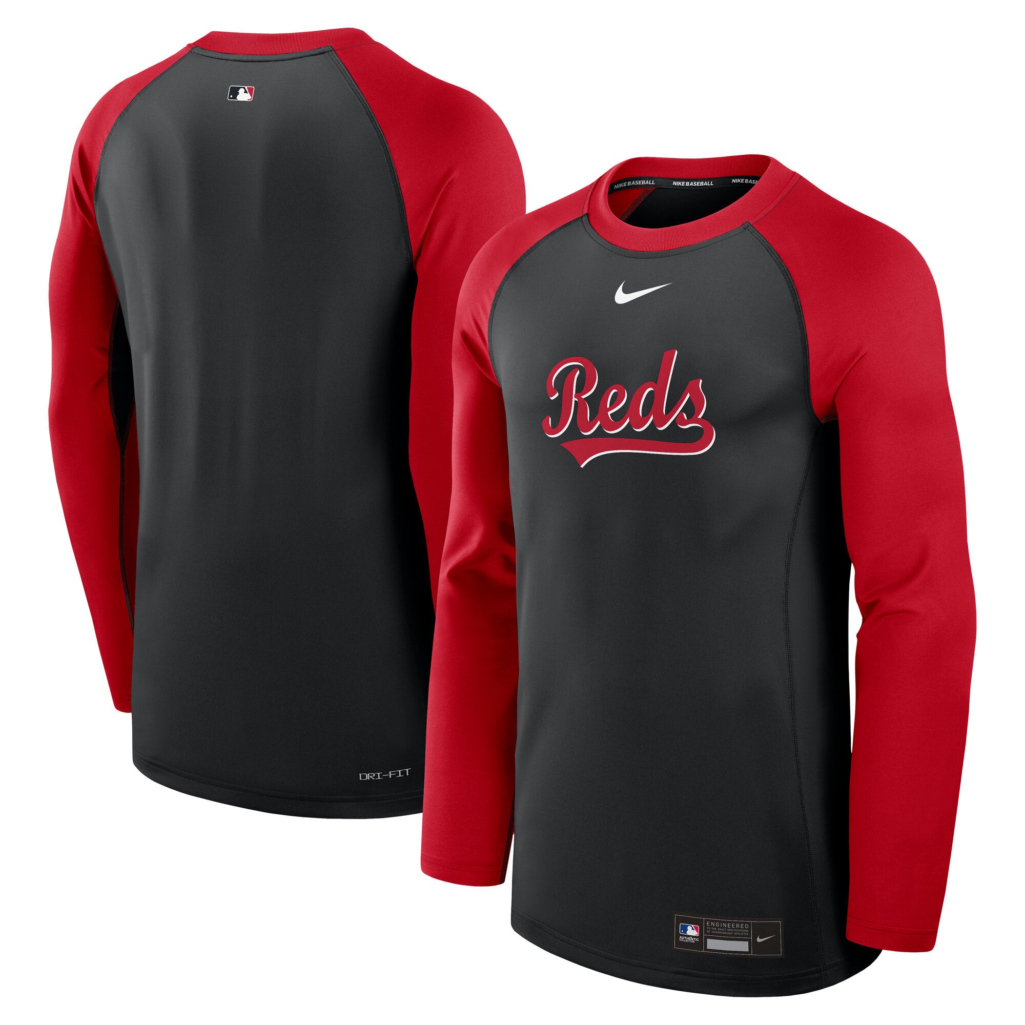 Men's Nike Black/Red Cincinnati Reds Authentic Collection Game Time Raglan Dri-FIT Long Sleeve T-Shirt