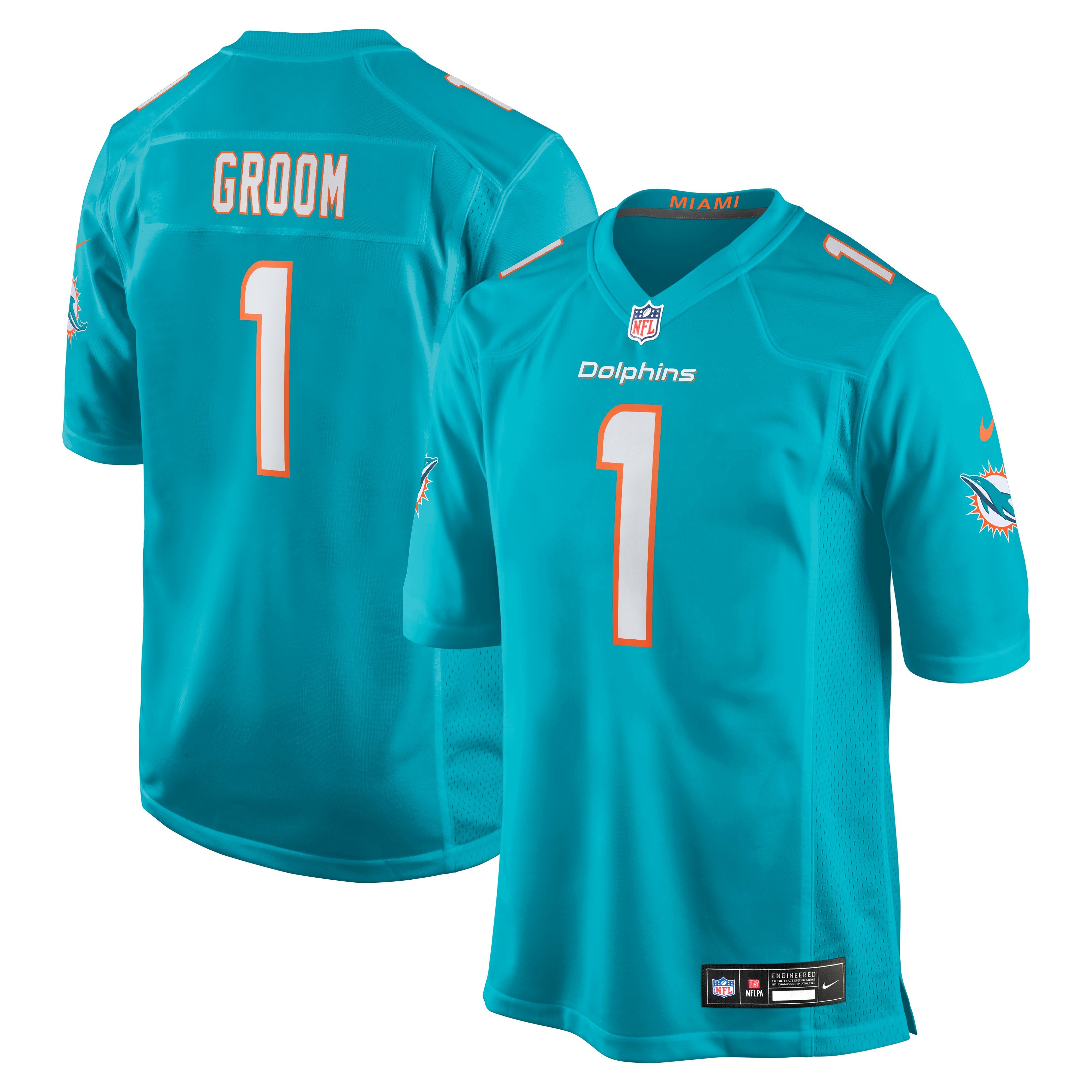 Men's Nike Number 1 Groom Aqua Miami Dolphins Game Jersey