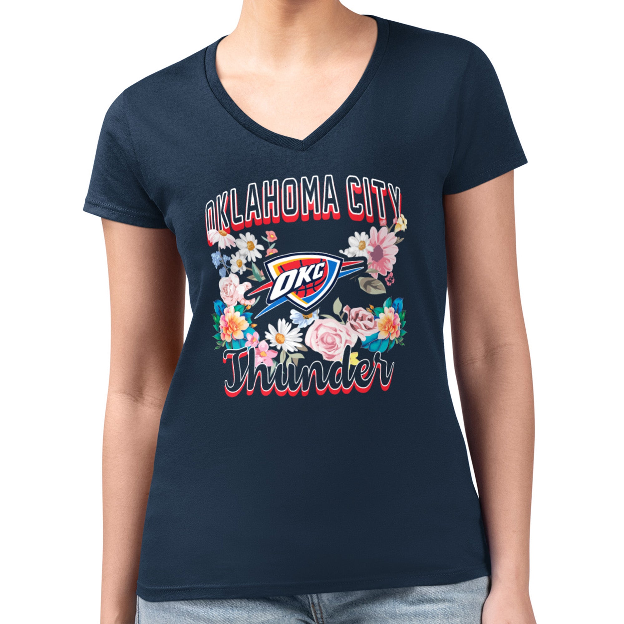 Women's G-III 4Her by Carl Banks Navy Oklahoma City Thunder Super-Slim Fit Lightweight Flowers Team Logo Graphic V-Neck T-Shirt
