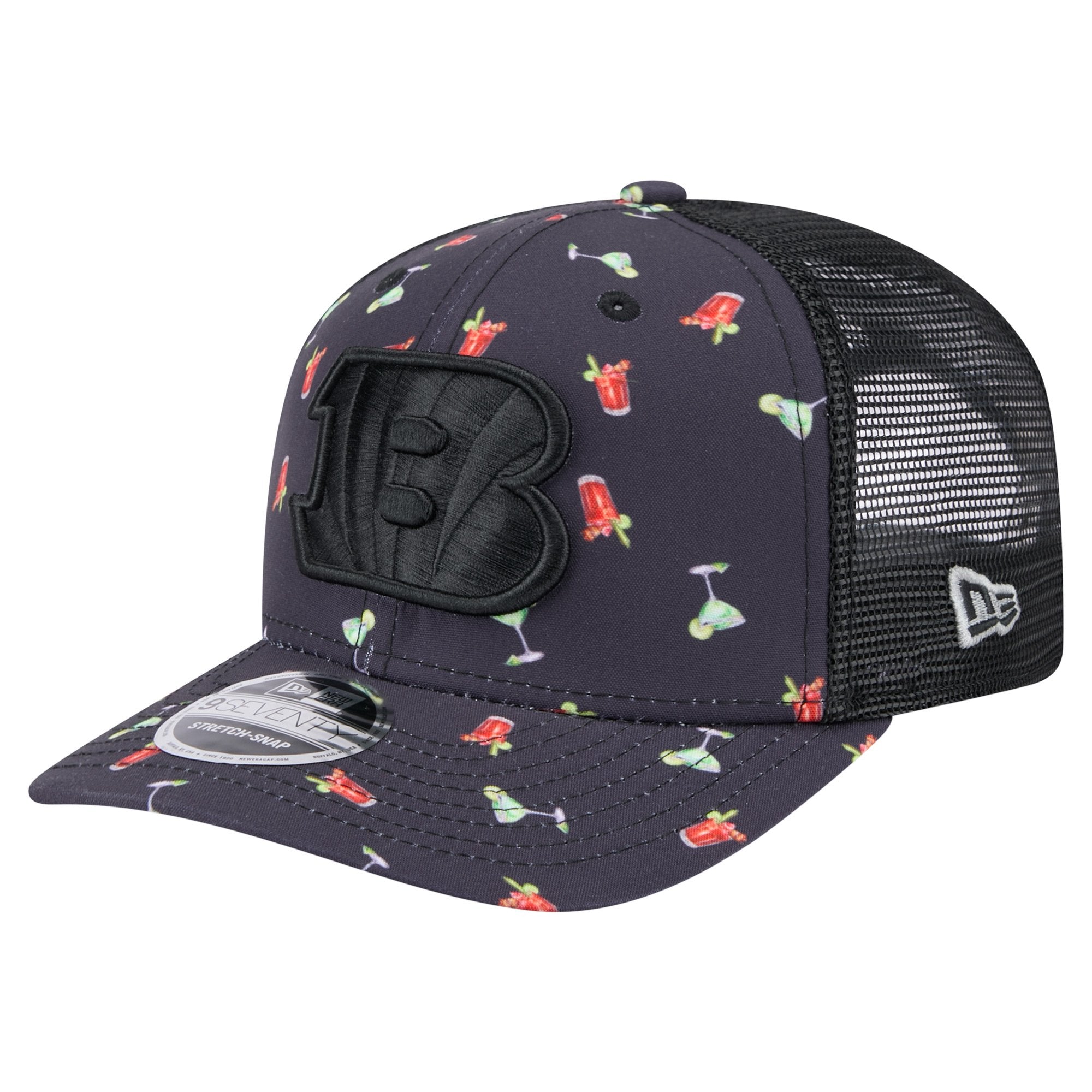 Men's New Era  Navy/Black Cincinnati Bengals Adventure Drinks Pattern 9SEVENTY Stretch-Snap Hat