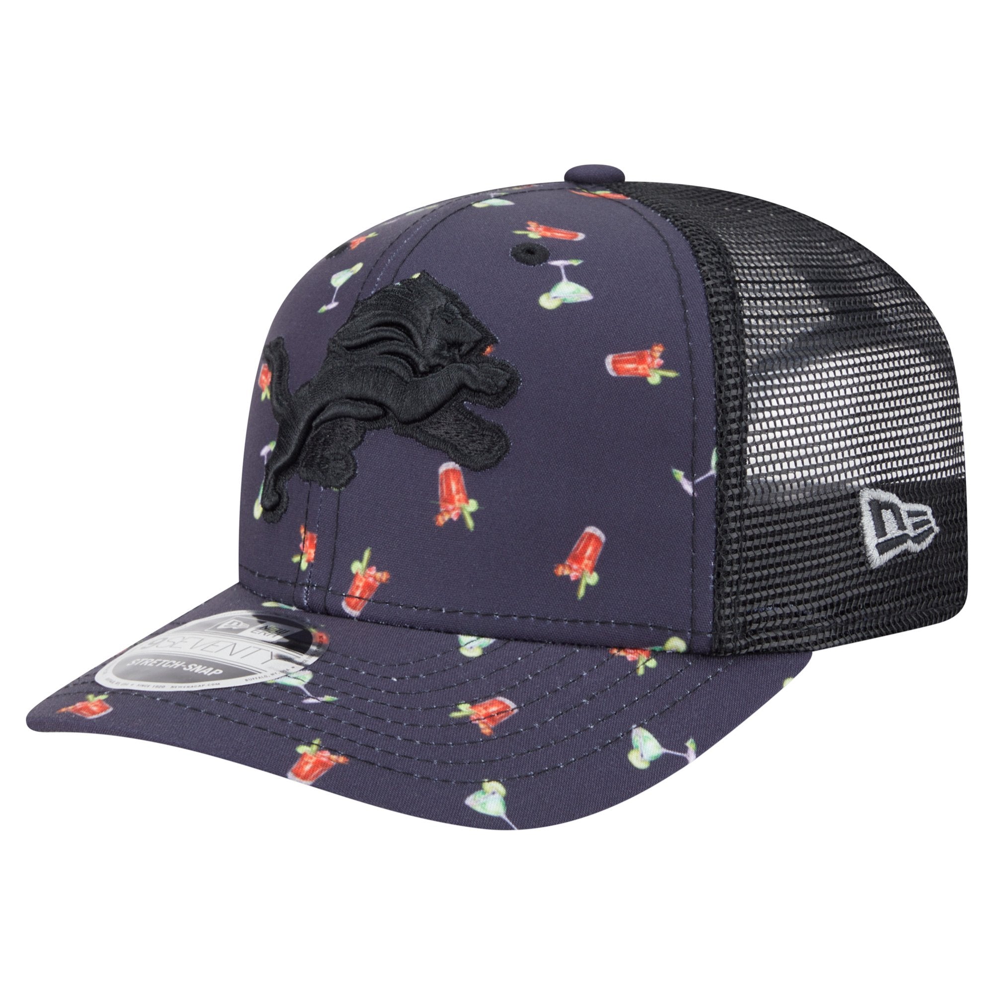 Men's New Era  Navy/Black Detroit Lions Adventure Drinks Pattern 9SEVENTY Stretch-Snap Hat
