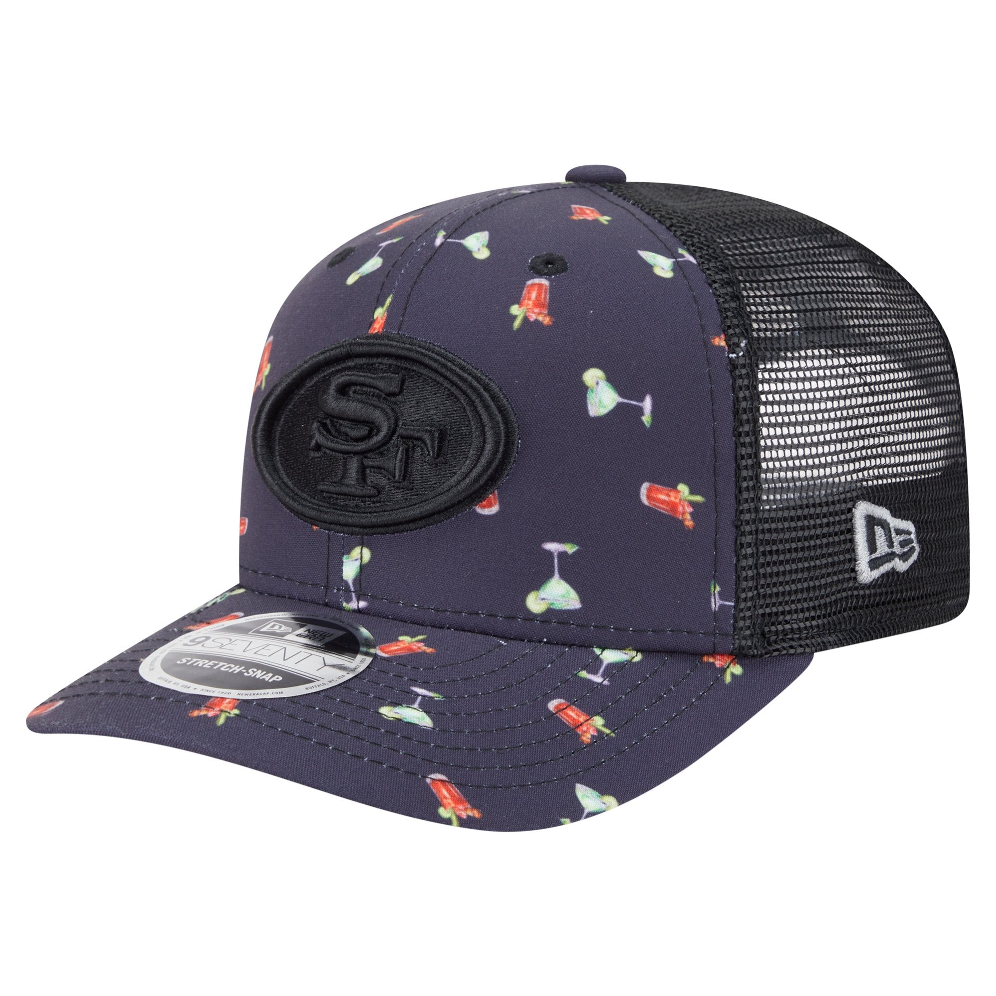 Men's New Era  Navy/Black San Francisco 49ers Adventure Drinks Pattern 9SEVENTY Stretch-Snap Hat