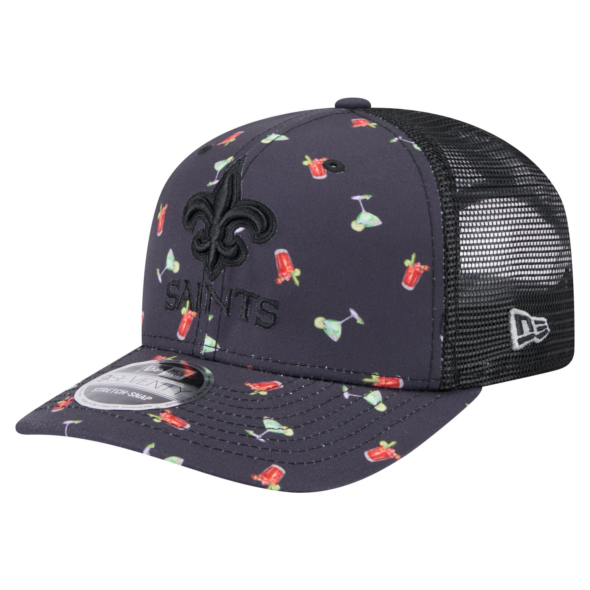 Men's New Era  Navy/Black New Orleans Saints Adventure Drinks Pattern 9SEVENTY Stretch-Snap Hat
