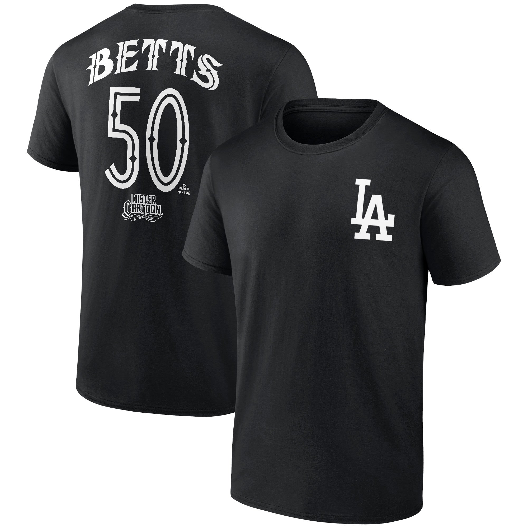 Men's Mookie Betts Black Los Angeles Dodgers Mister Cartoon Name & Number T-Shirt