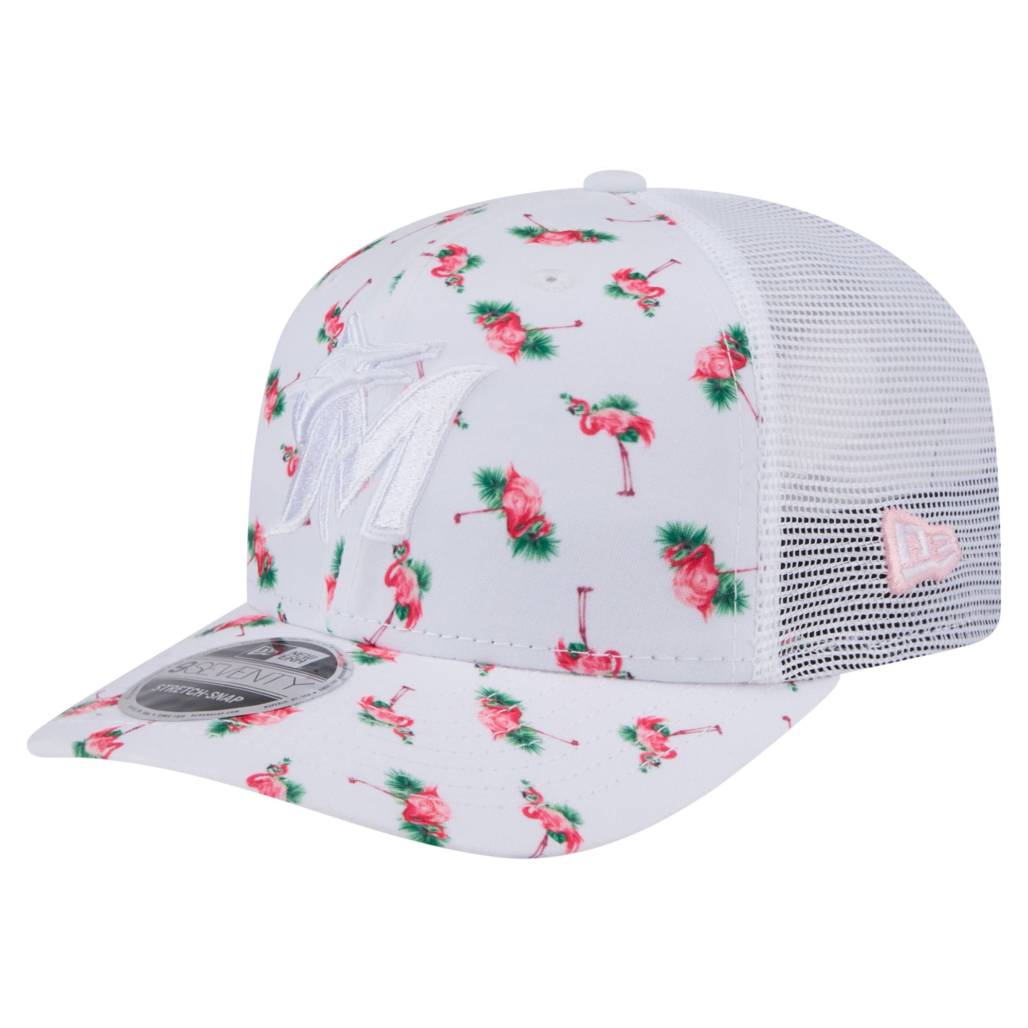Men's New Era  White Miami Marlins Flamingo Mesh Back 9SEVENTY Stretch-Snap Hat