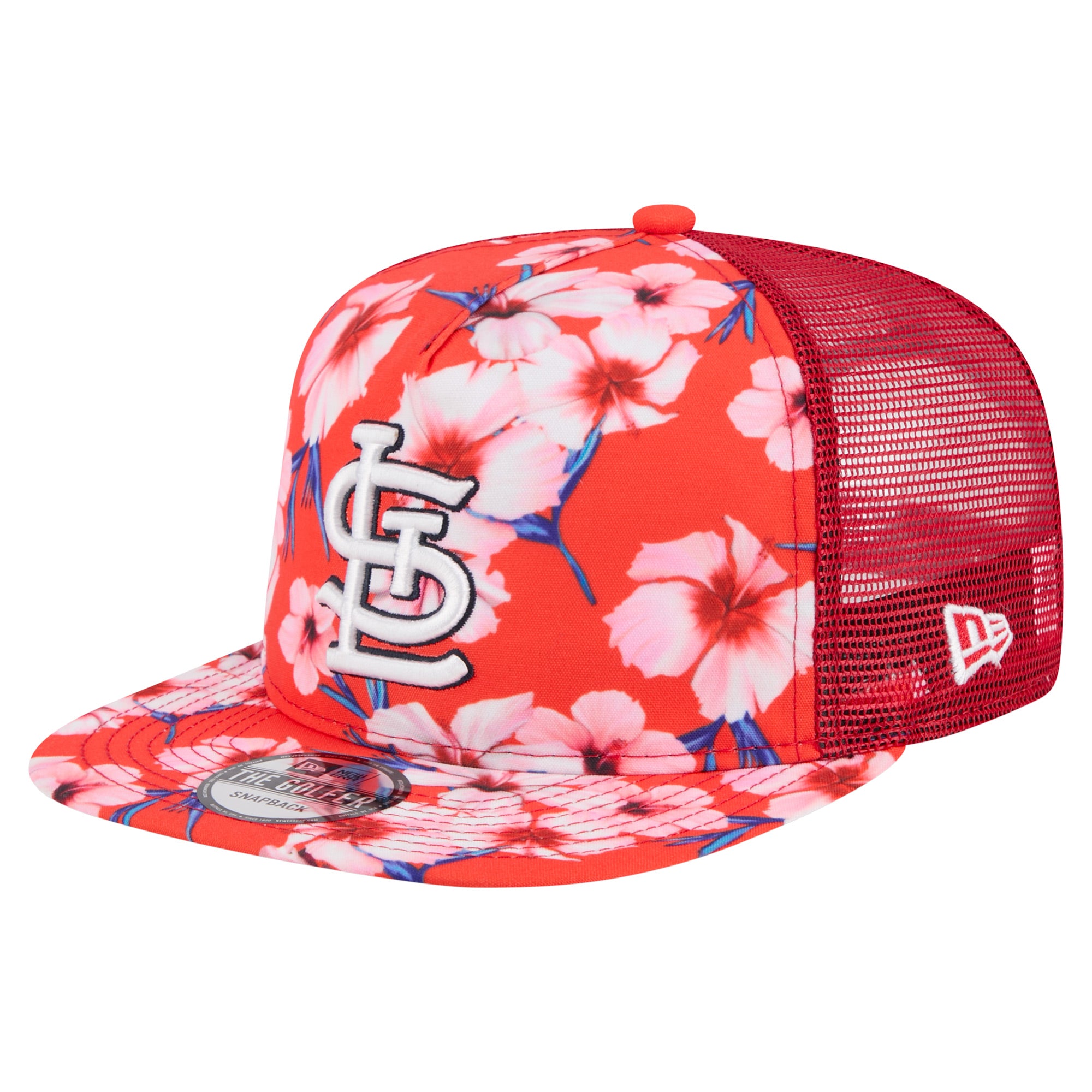Men's New Era Red St. Louis Cardinals Adventure Pattern Golfer Trucker Snapback Hat