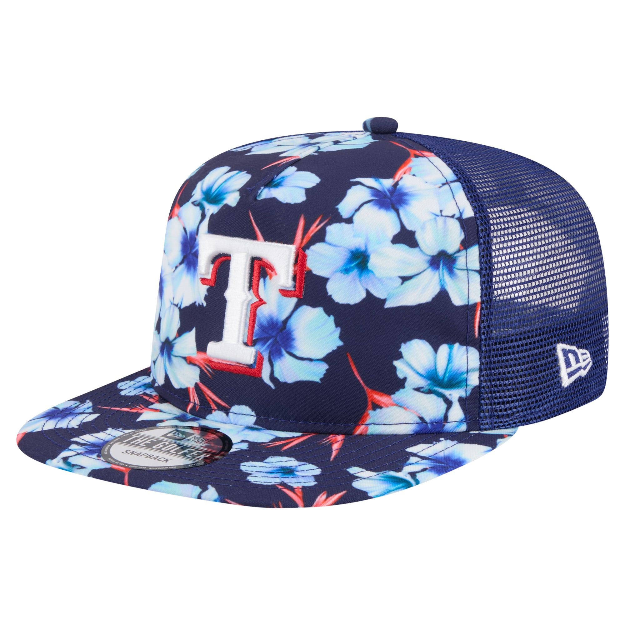 Men's New Era Royal Texas Rangers Adventure Pattern Golfer Trucker Snapback Hat