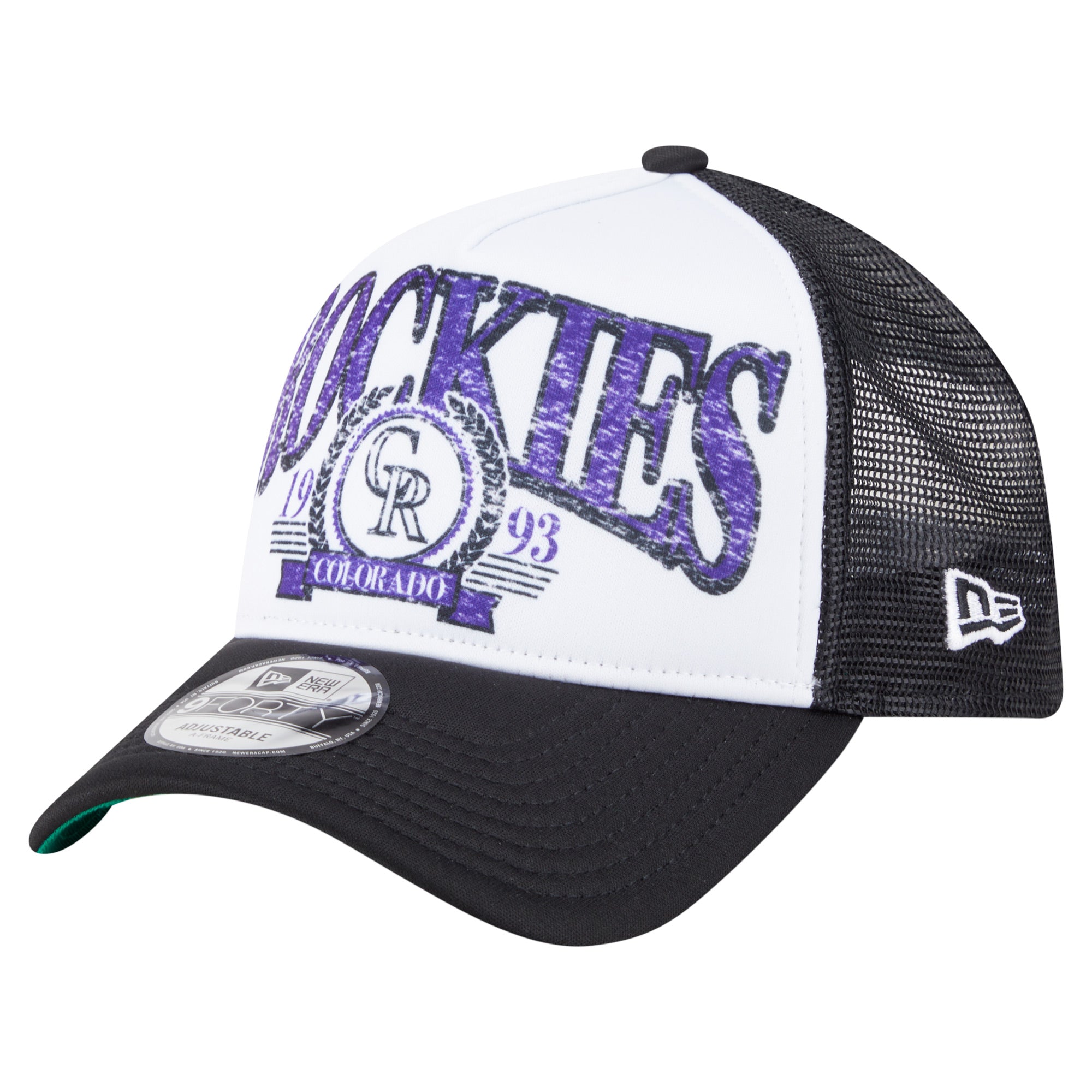 Men's New Era  Black Colorado Rockies Distressed 9FORTY A-Frame Adjustable Trucker Hat