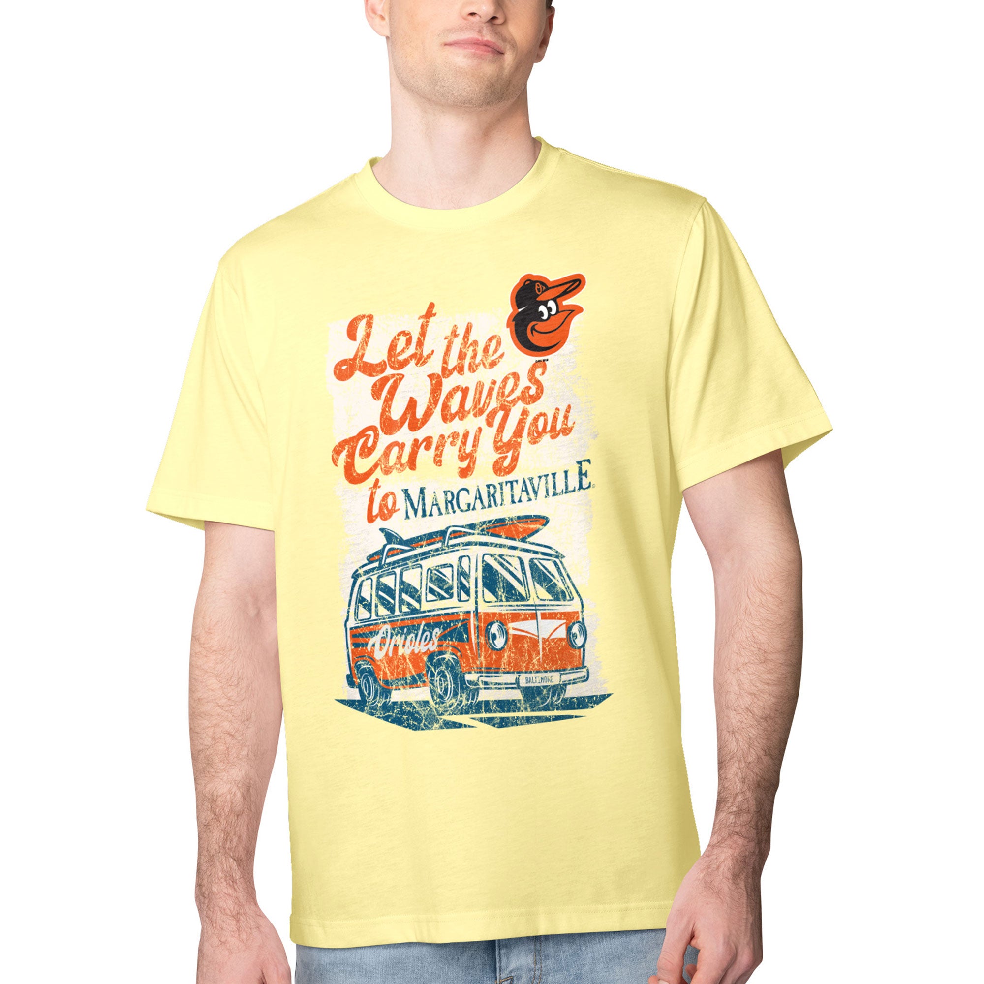 Men's Margaritaville Yellow Baltimore Orioles Bus Waves Graphic T-Shirt