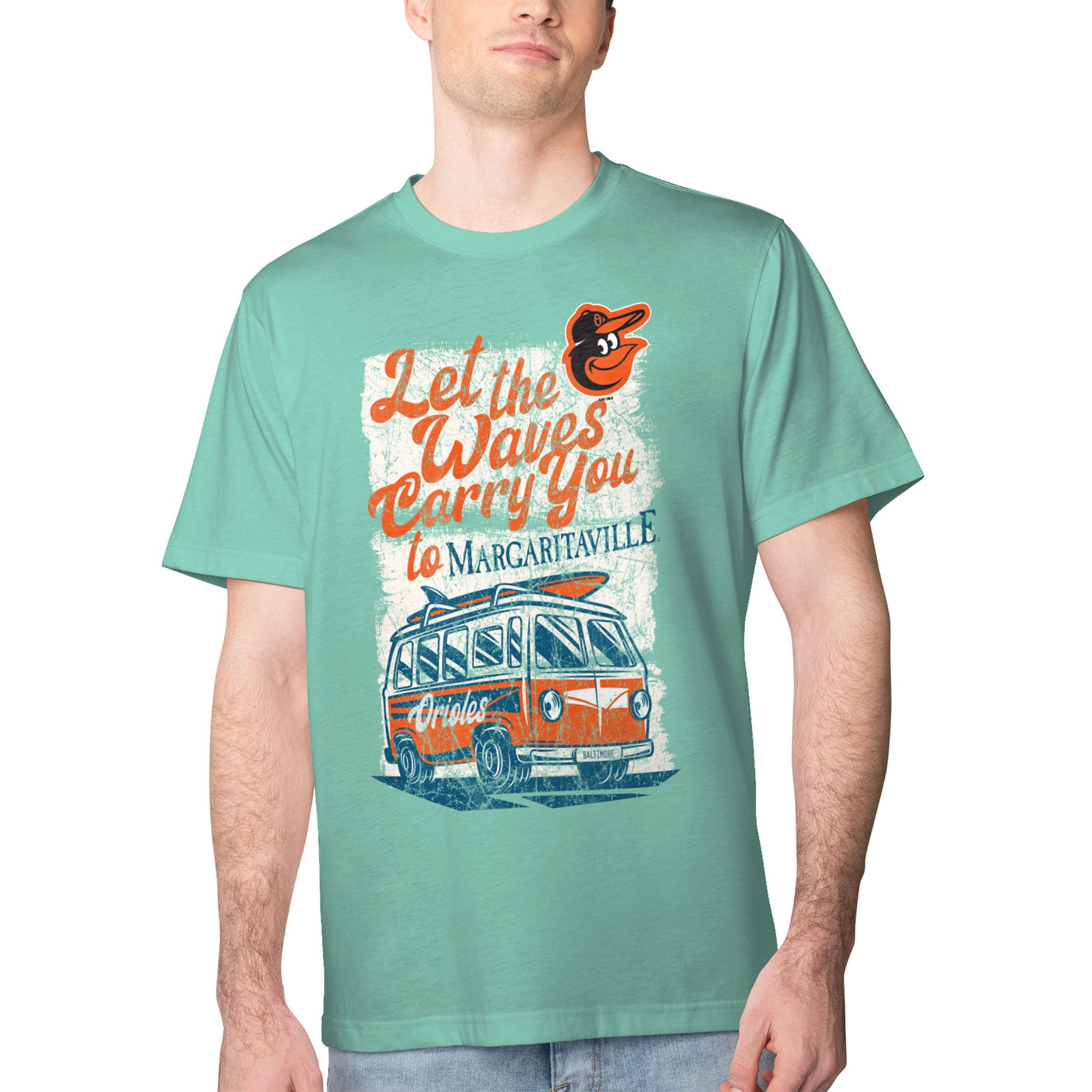 Men's Margaritaville Mint Baltimore Orioles Bus Waves Graphic T-Shirt