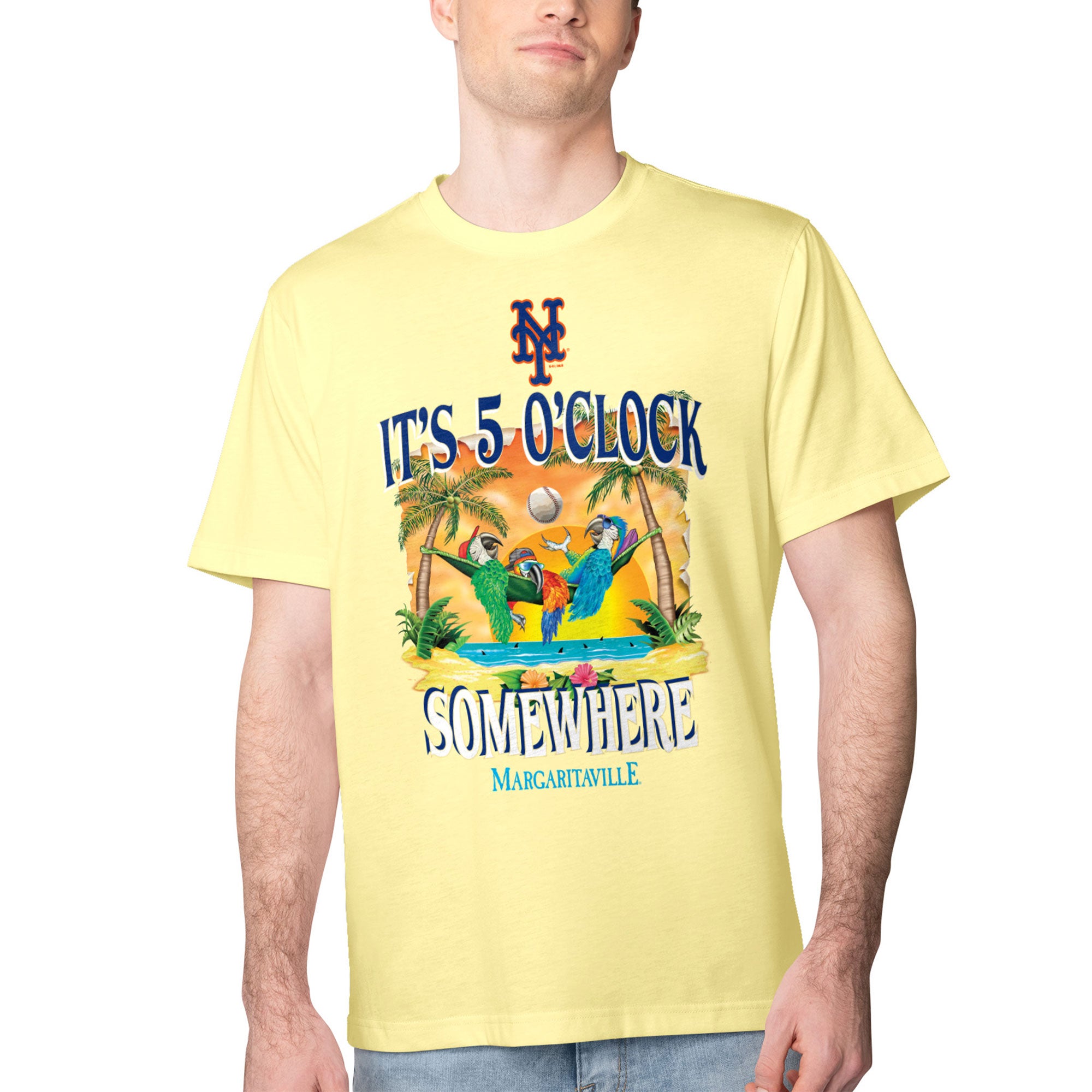 Men's Margaritaville Yellow New York Mets Five O'Clock Graphic T-Shirt