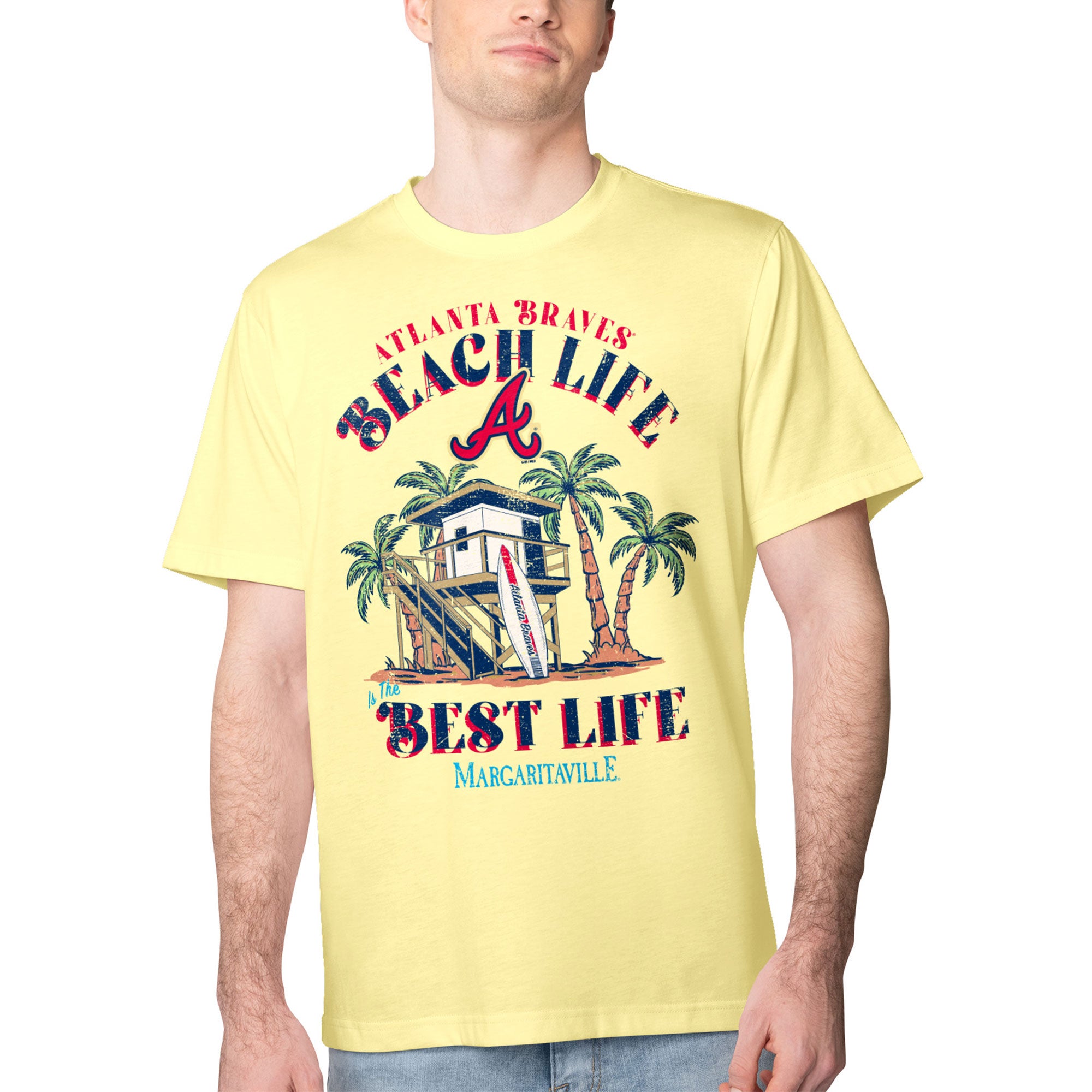 Men's Margaritaville Yellow Atlanta Braves Beach Hut Graphic T-Shirt