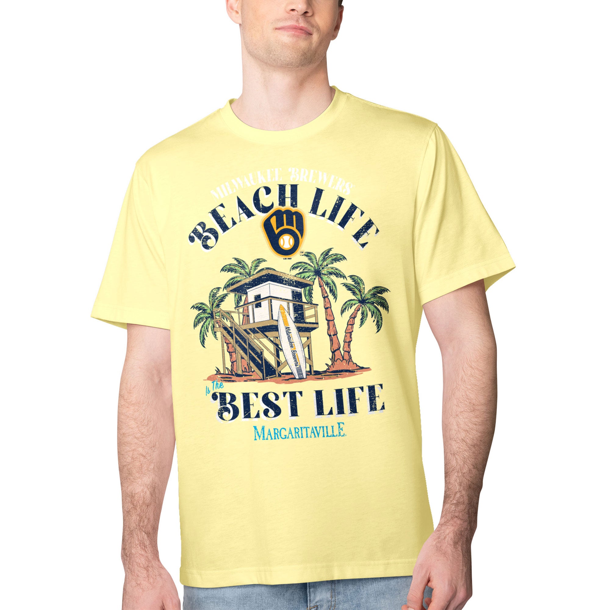 Men's Margaritaville Yellow Milwaukee Brewers Beach Hut Graphic T-Shirt