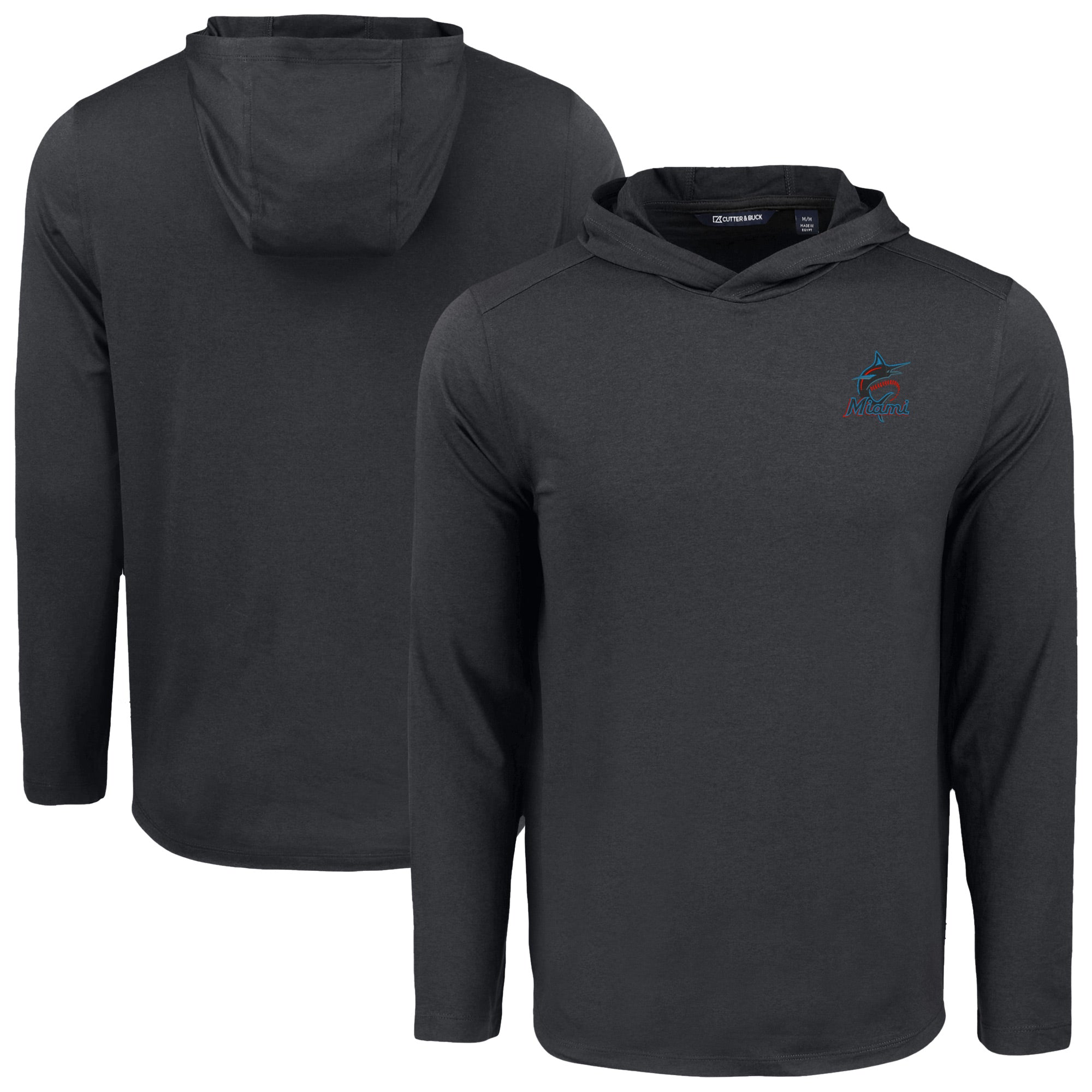 Men's Cutter & Buck Black Miami Marlins Coastline Epic Comfort Recycled Eco Hoodie Long Sleeve T-Shirt