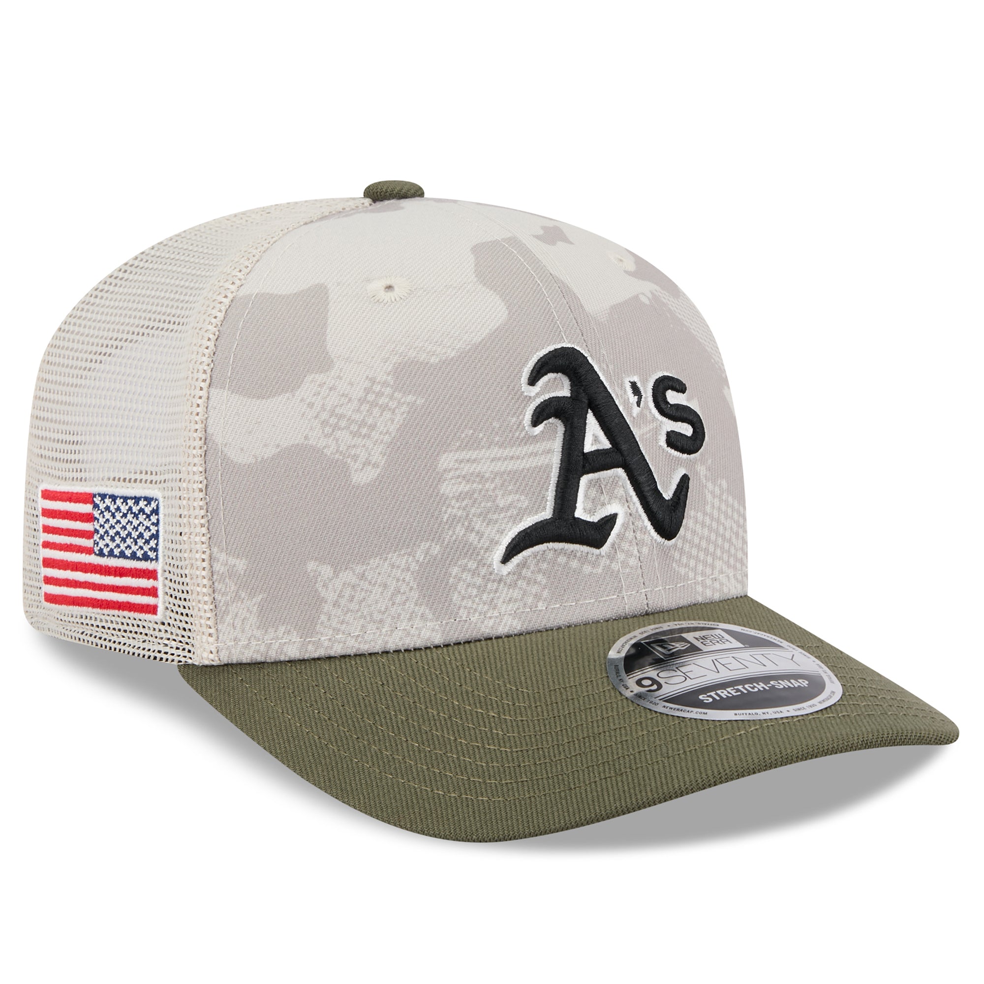 Men's New Era Light Beige/Olive Athletics 2025 Armed Forces Day 9SEVENTY Stretch-Snap Hat