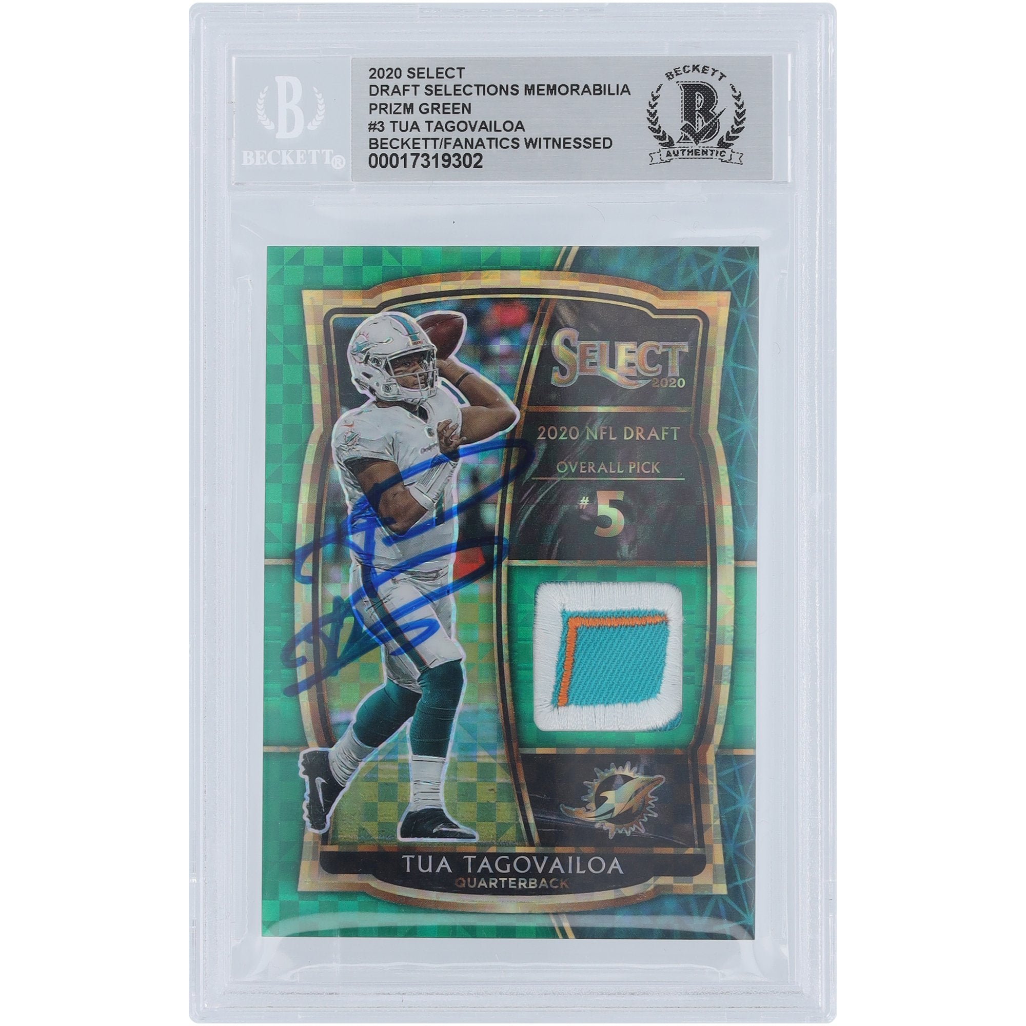 Tua Tagovailoa Miami Dolphins Autographed 2020 Panini Select Green Prizm Draft Selections Memorabilia Tri-Color Logo Relic #DS-TTA #4/5 Beckett Fanatics Witnessed Authenticated Rookie Card